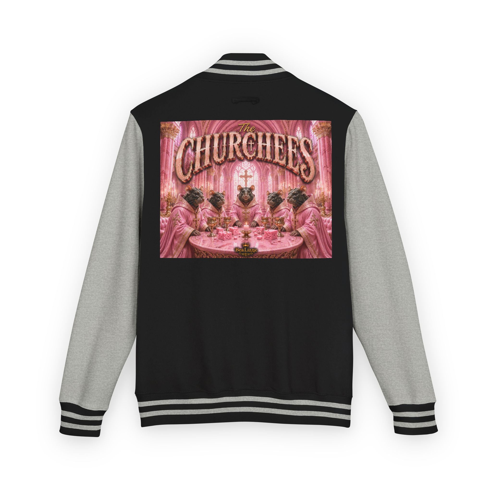 Letterman Jacket — Pink 'Churchees' Vintage Dinner Graphic