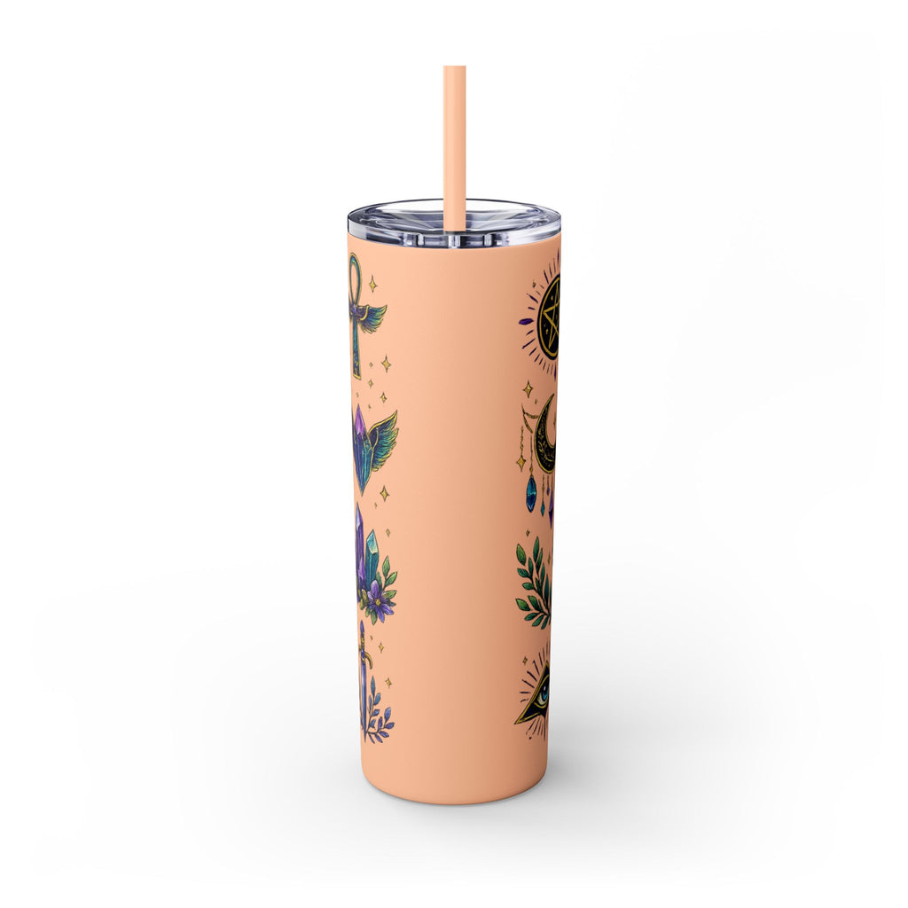 Mystic Symbols 20oz Skinny Tumbler with Straw — Hamsa, All-Seeing Eye & Moon
