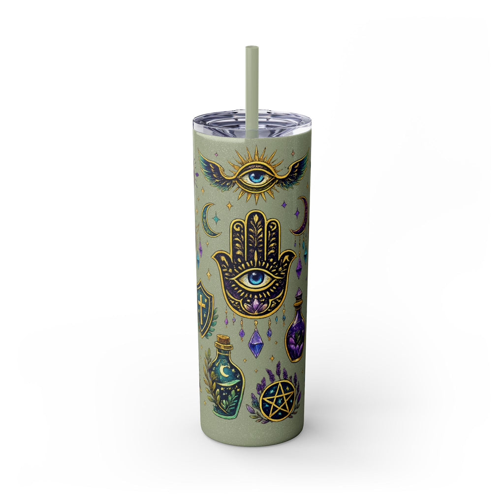 Mystic Symbols 20oz Skinny Tumbler with Straw — Hamsa, All-Seeing Eye & Moon