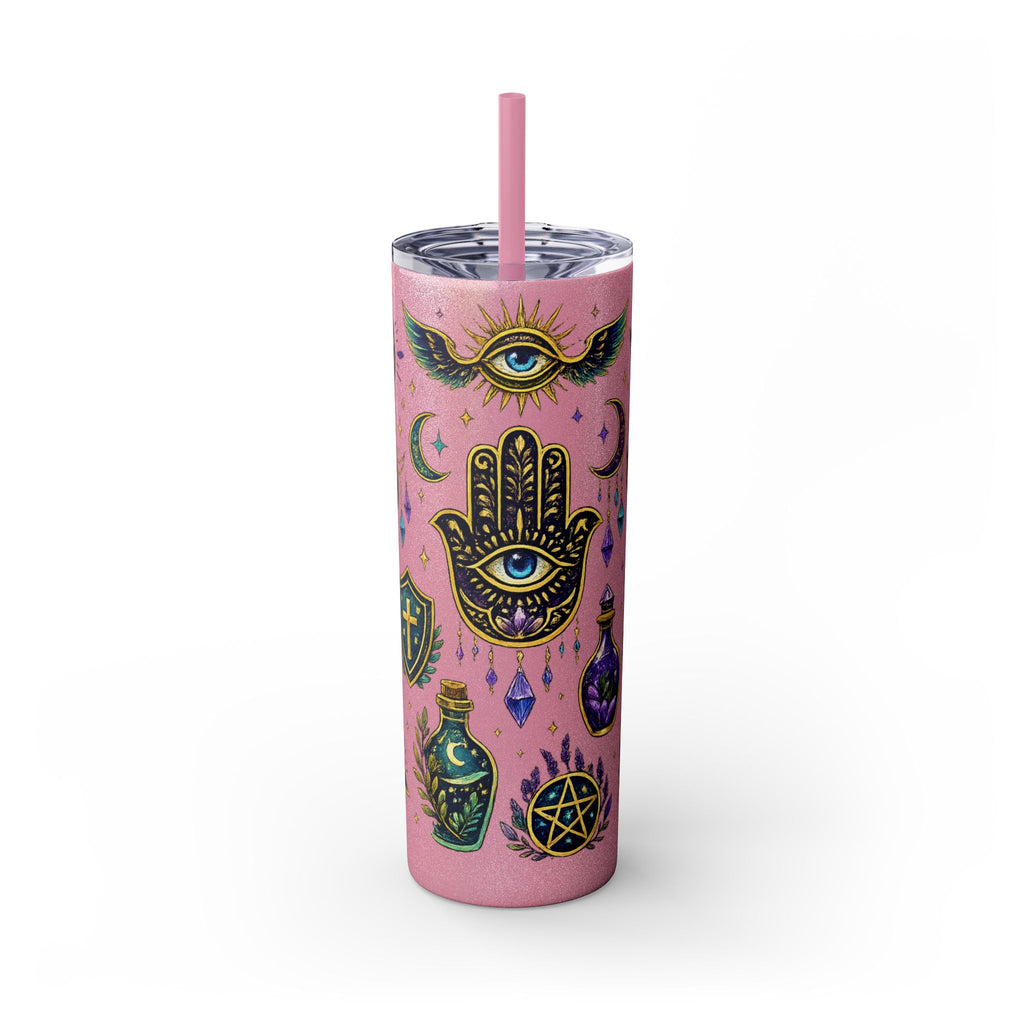 Mystic Symbols 20oz Skinny Tumbler with Straw — Hamsa, All-Seeing Eye & Moon