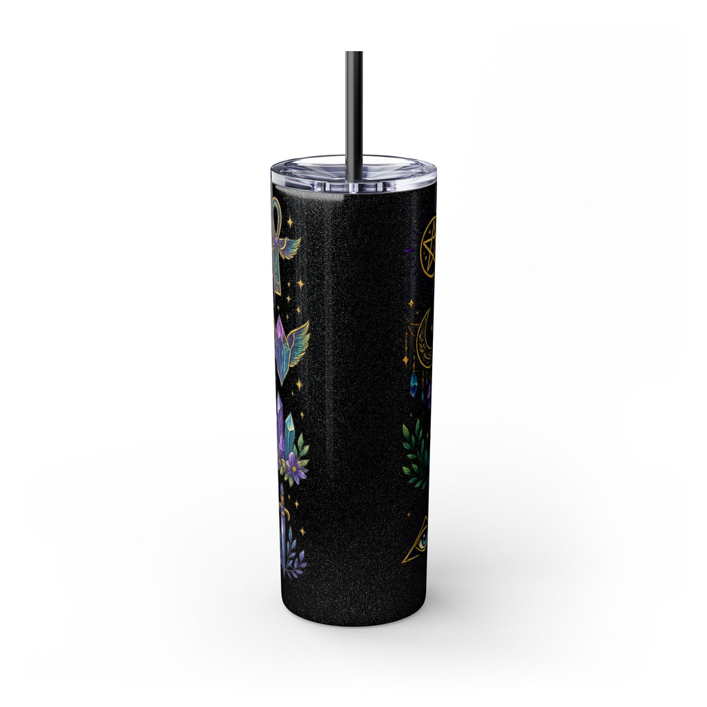 Mystic Symbols 20oz Skinny Tumbler with Straw — Hamsa, All-Seeing Eye & Moon