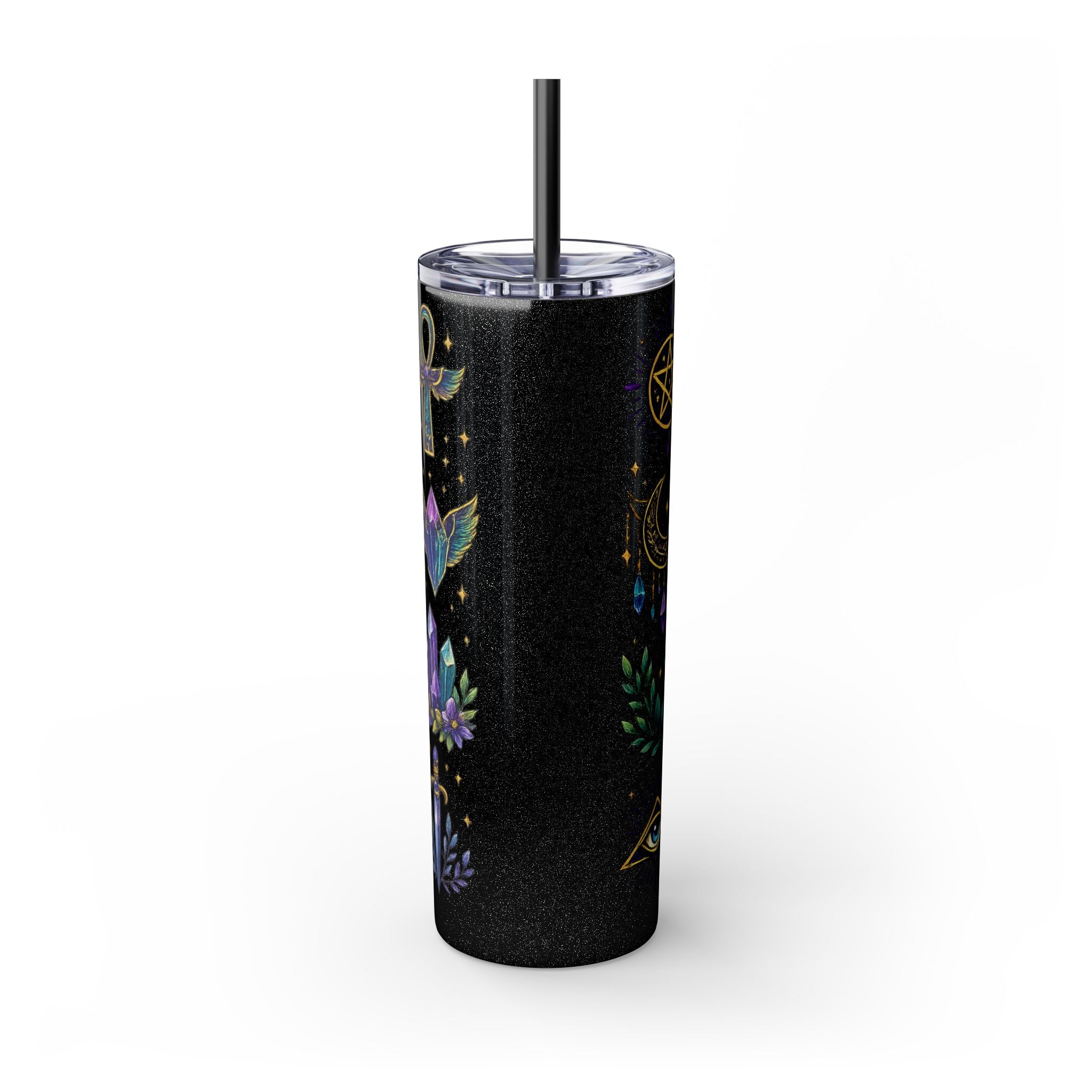 Mystic Symbols 20oz Skinny Tumbler with Straw — Hamsa, All-Seeing Eye & Moon