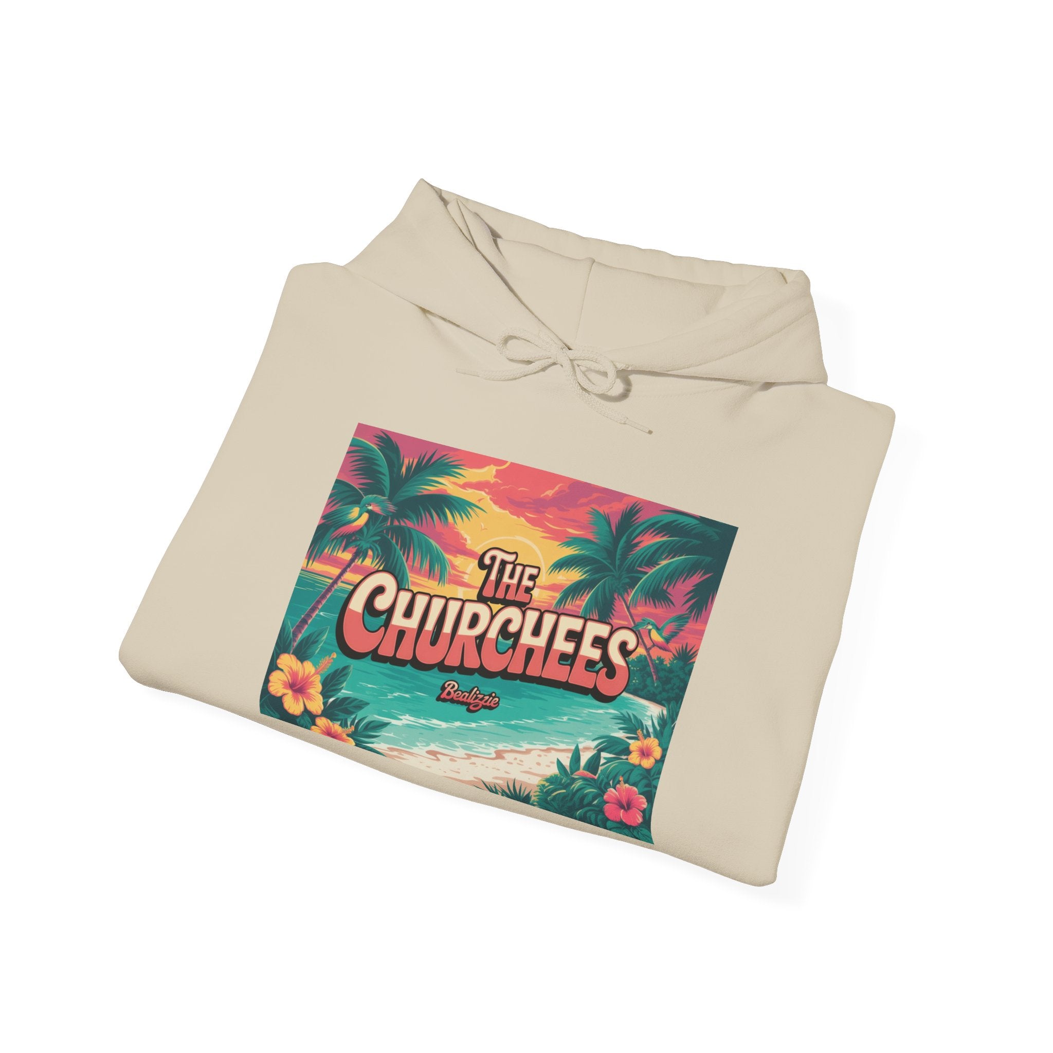 The Churchees Tropical Beach Hoodie – Retro Palm Sunset Graphic Sweatshirt