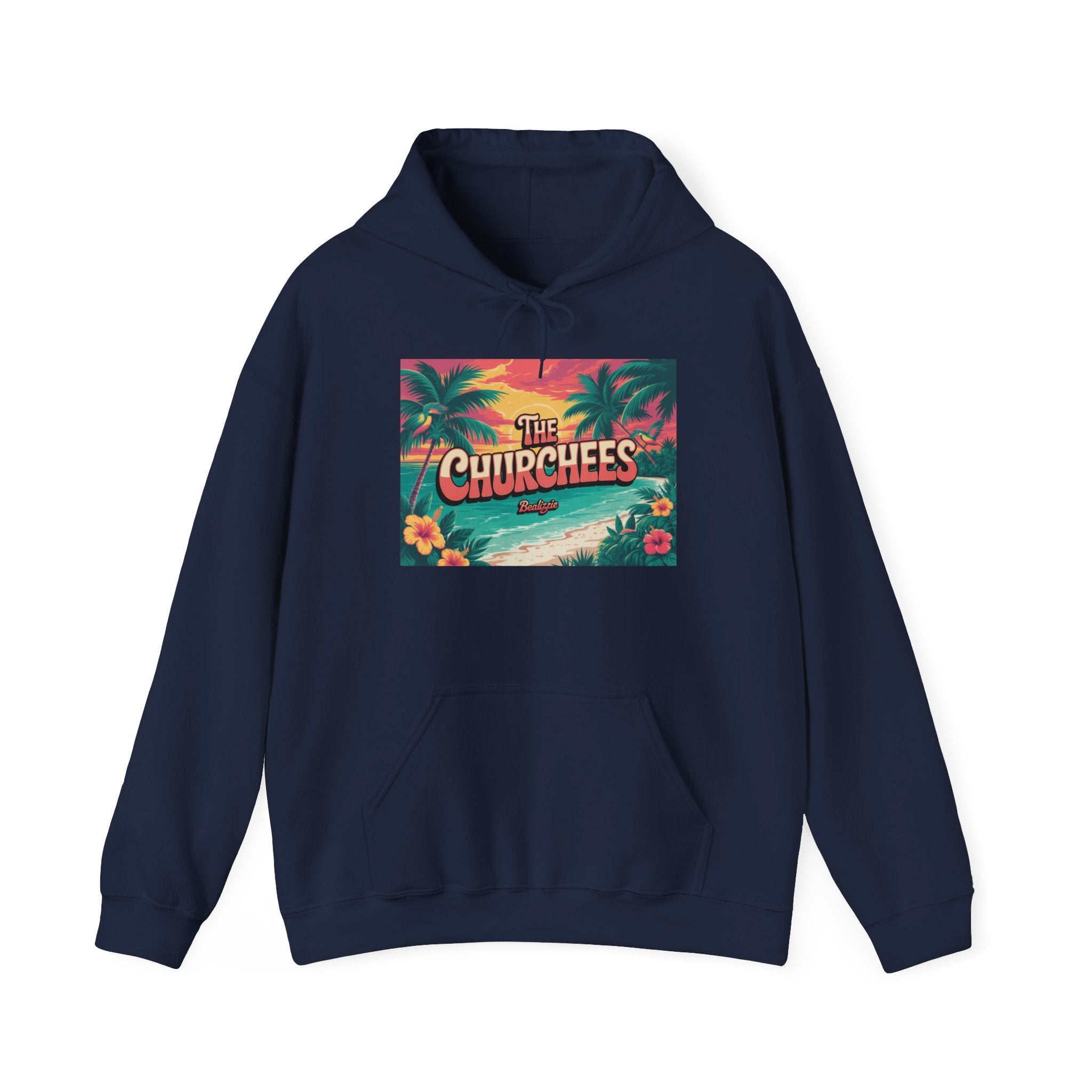 The Churchees Tropical Beach Hoodie – Retro Palm Sunset Graphic Sweatshirt
