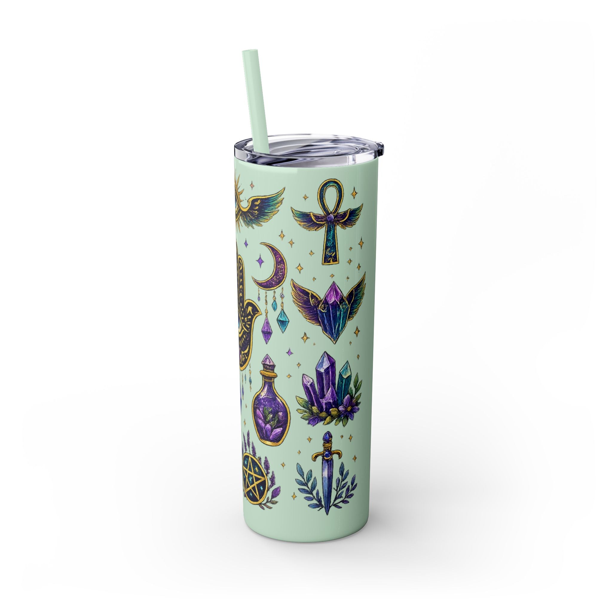 Mystic Symbols 20oz Skinny Tumbler with Straw — Hamsa, All-Seeing Eye & Moon