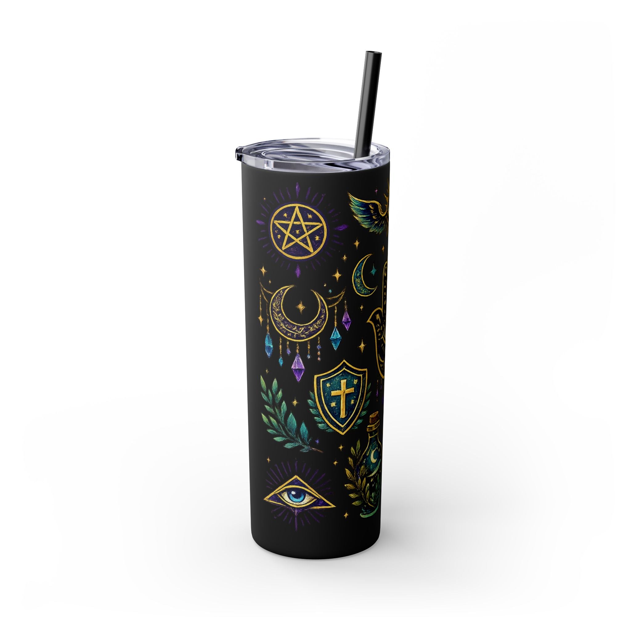 Mystic Symbols 20oz Skinny Tumbler with Straw — Hamsa, All-Seeing Eye & Moon