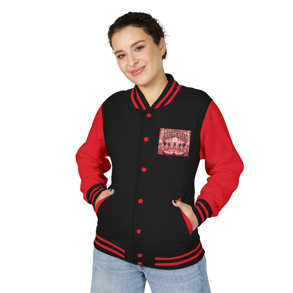 Letterman Jacket — Pink 'Churchees' Vintage Dinner Graphic