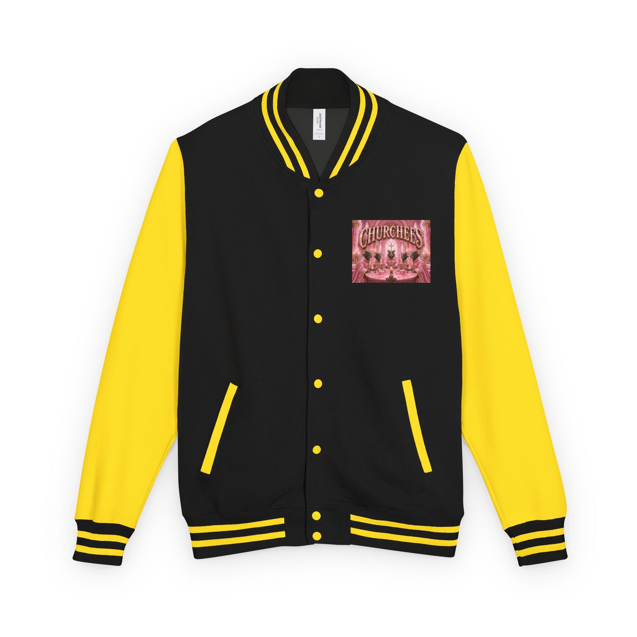 Letterman Jacket — Pink 'Churchees' Vintage Dinner Graphic