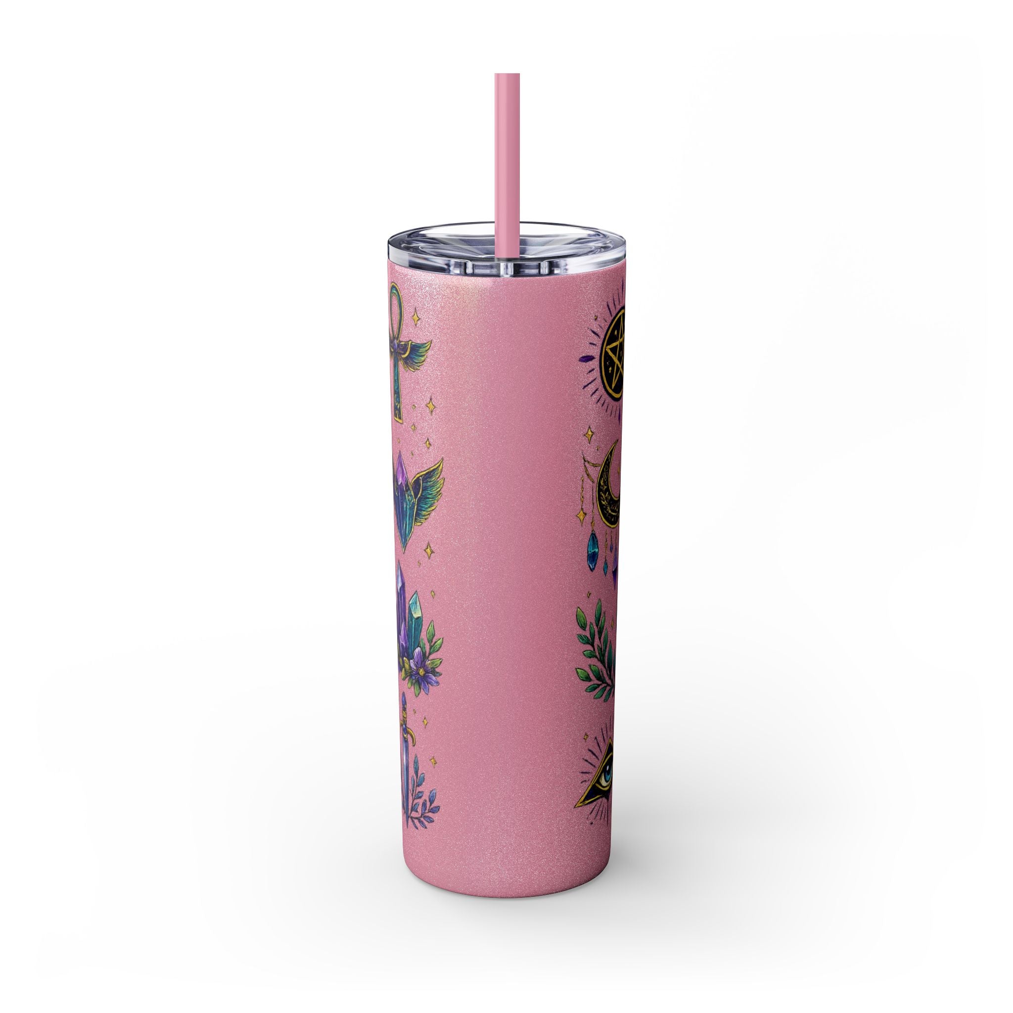 Mystic Symbols 20oz Skinny Tumbler with Straw — Hamsa, All-Seeing Eye & Moon