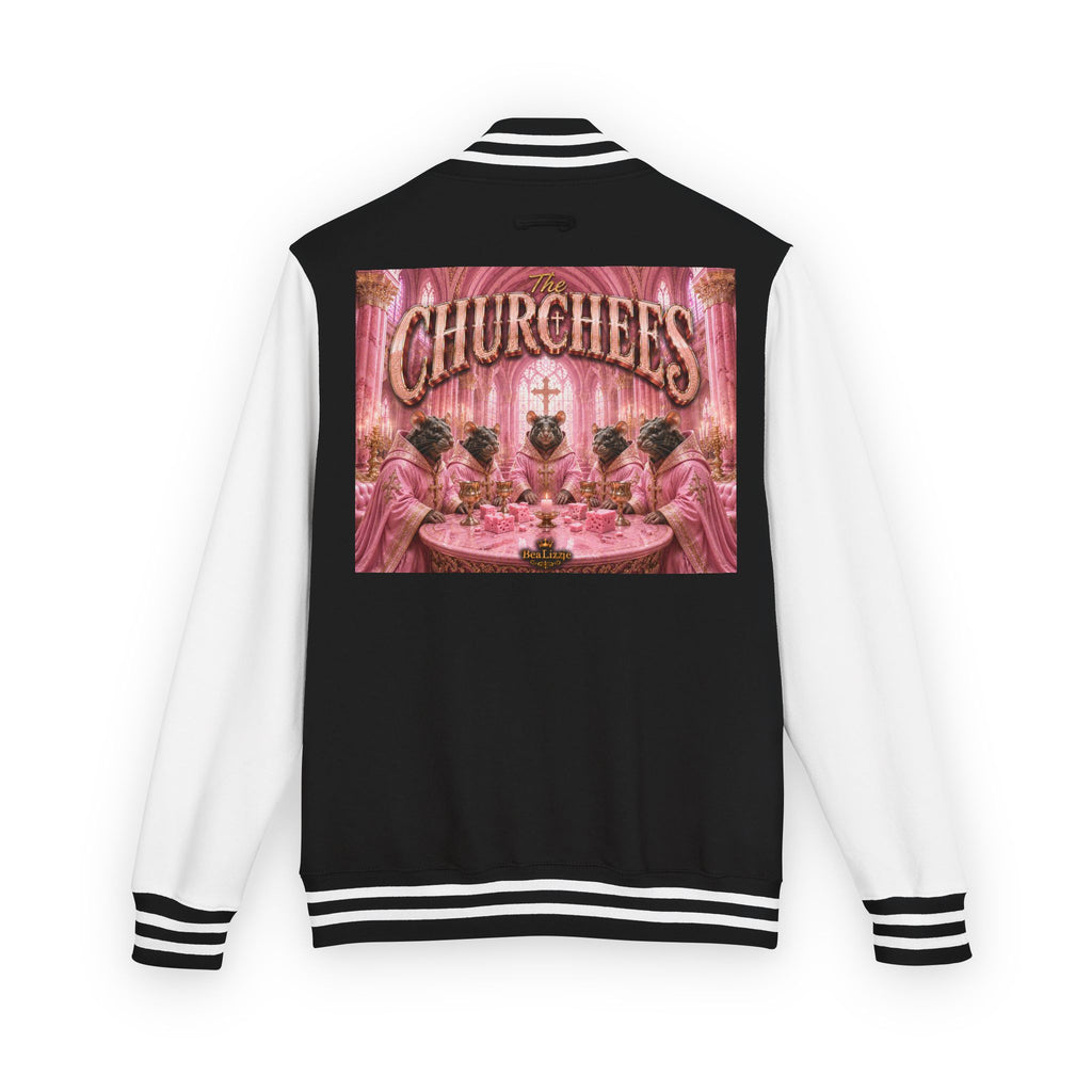 Letterman Jacket — Pink 'Churchees' Vintage Dinner Graphic