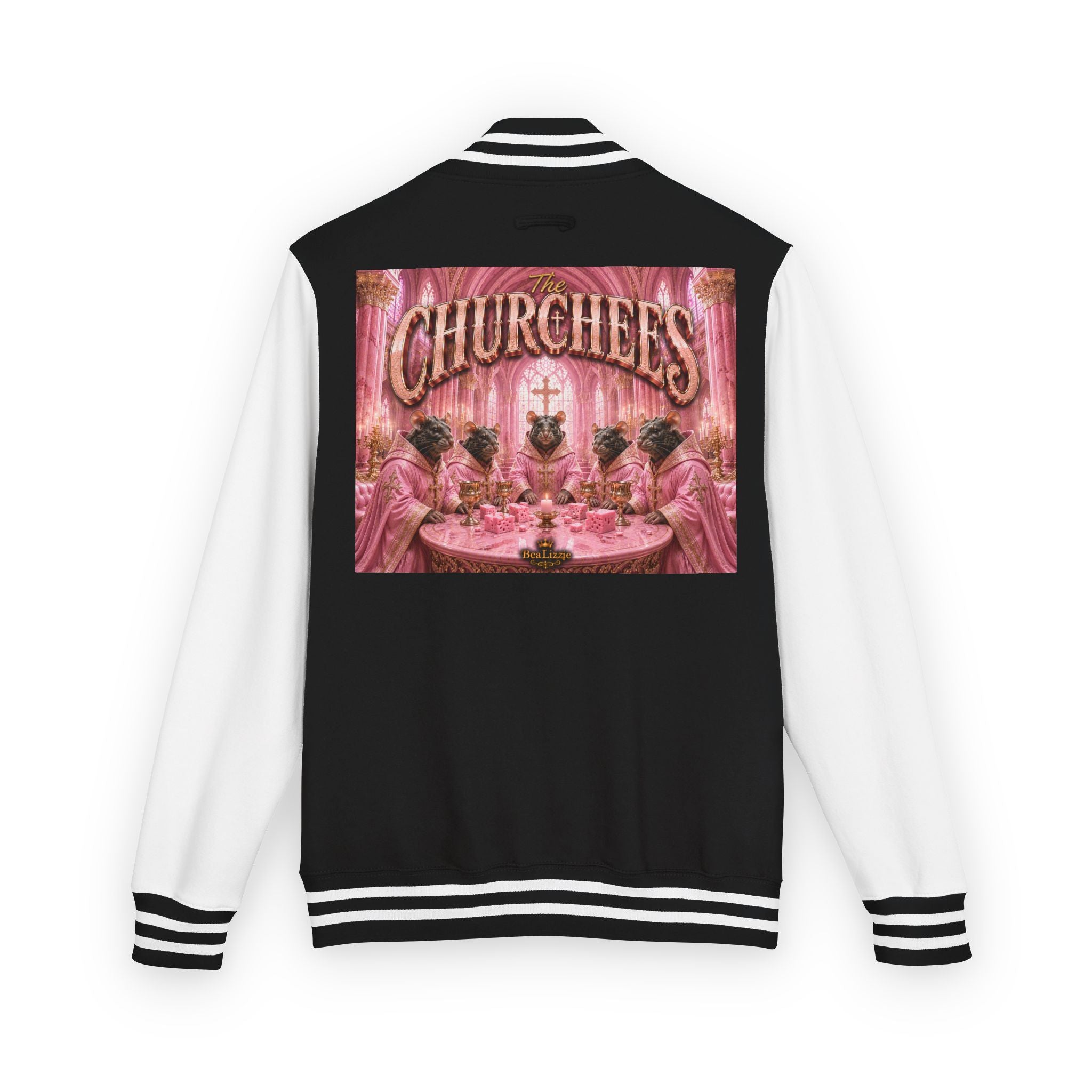 Letterman Jacket — Pink 'Churchees' Vintage Dinner Graphic