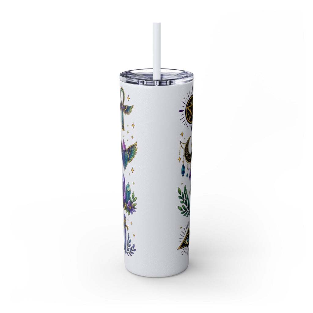 Mystic Symbols 20oz Skinny Tumbler with Straw — Hamsa, All-Seeing Eye & Moon