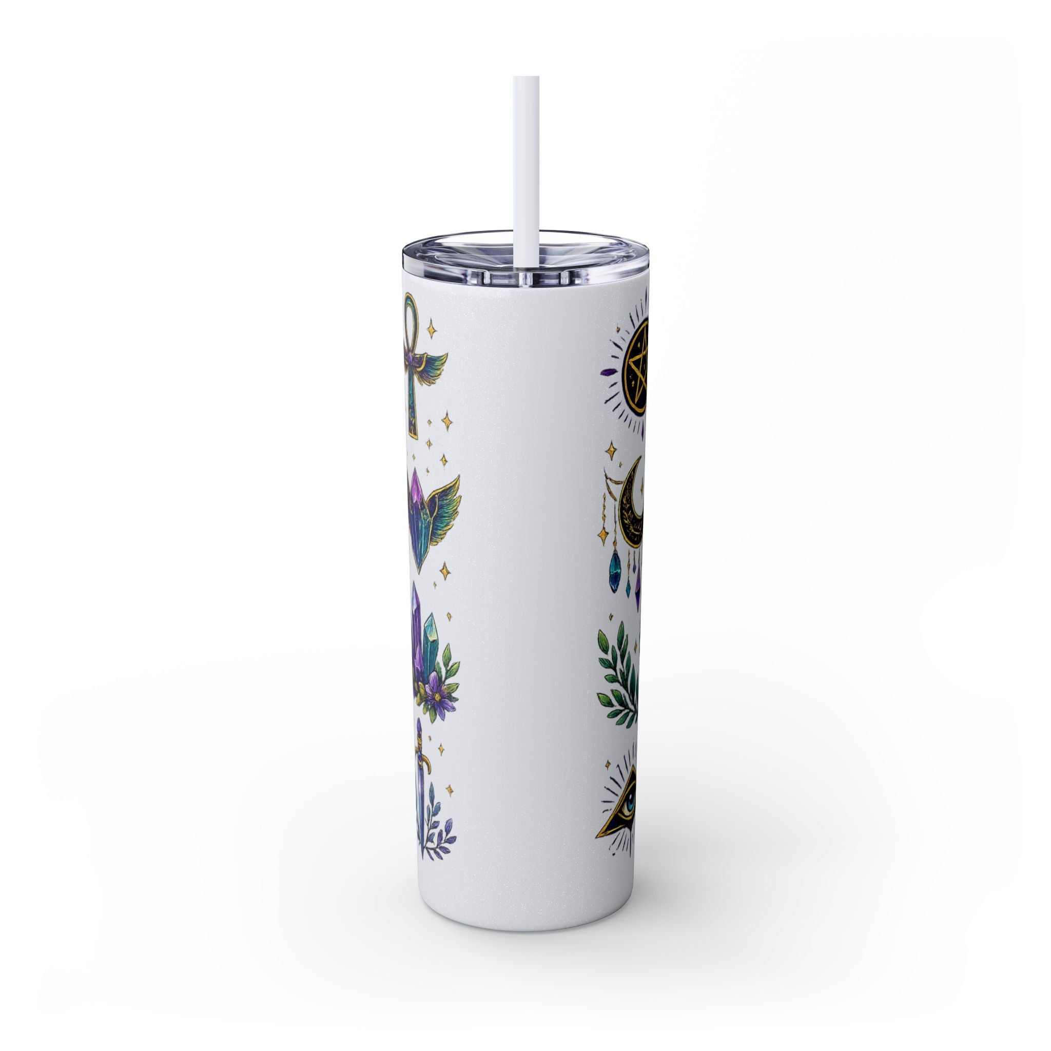 Mystic Symbols 20oz Skinny Tumbler with Straw — Hamsa, All-Seeing Eye & Moon
