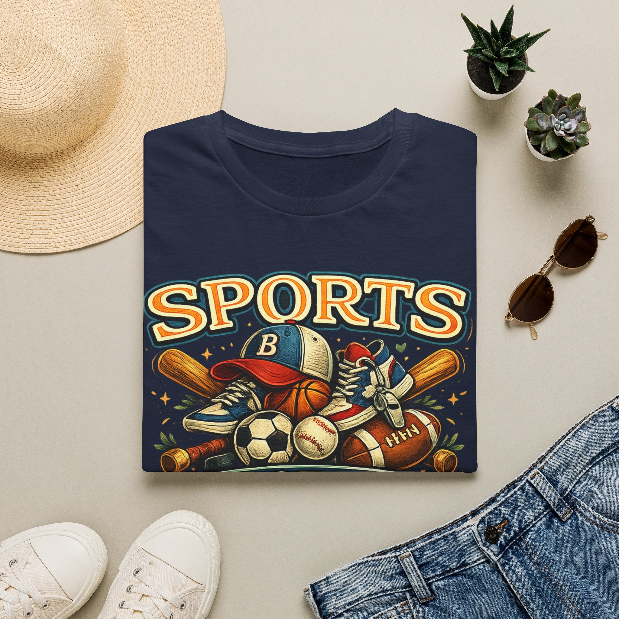 Sports Graphic T-Shirt — 'Sports' Vintage Multi-Sport Design (Baseball, Basketball, Soccer)