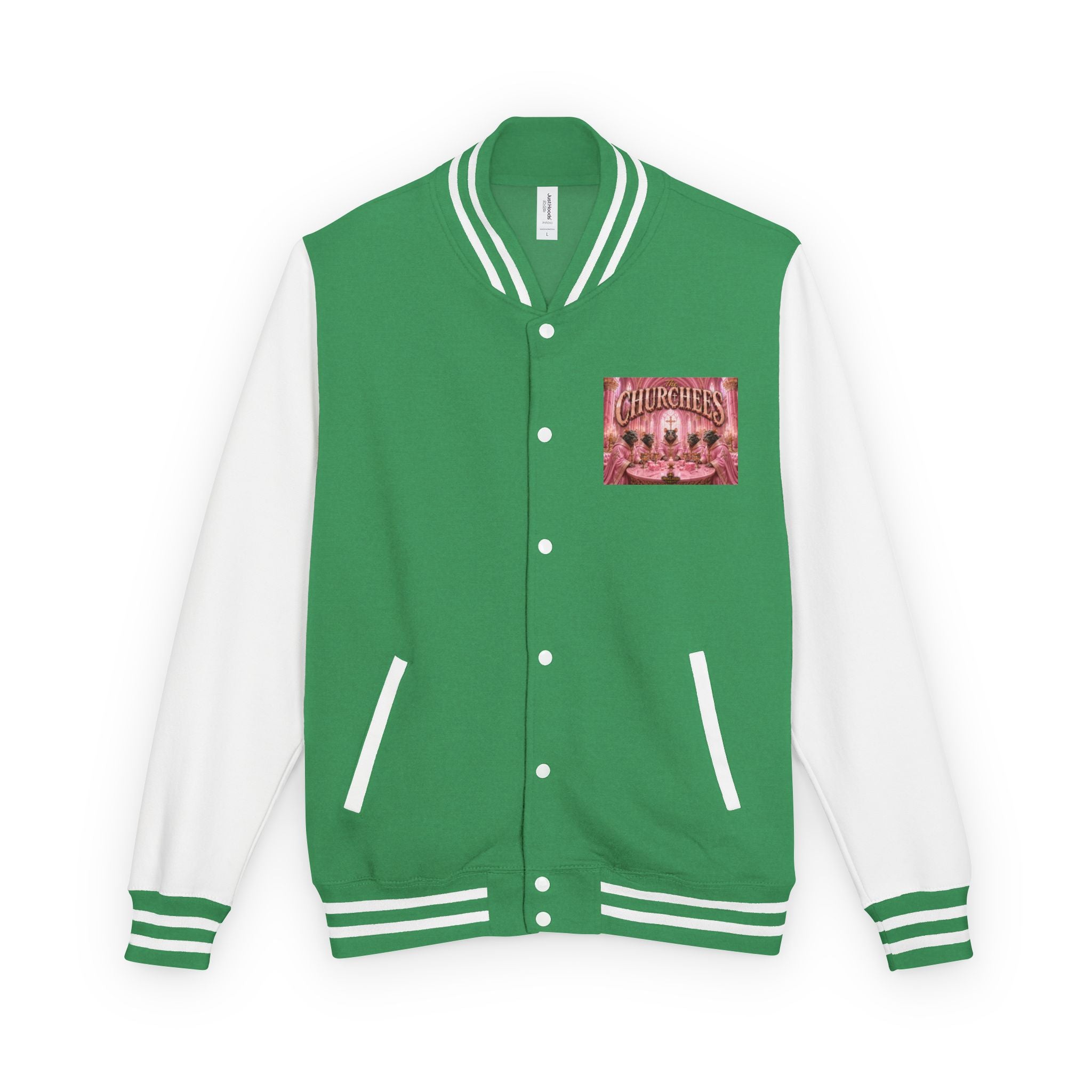Letterman Jacket — Pink 'Churchees' Vintage Dinner Graphic