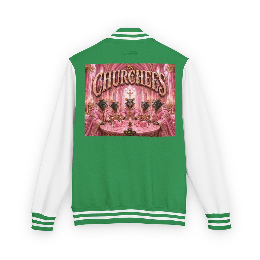 Letterman Jacket — Pink 'Churchees' Vintage Dinner Graphic