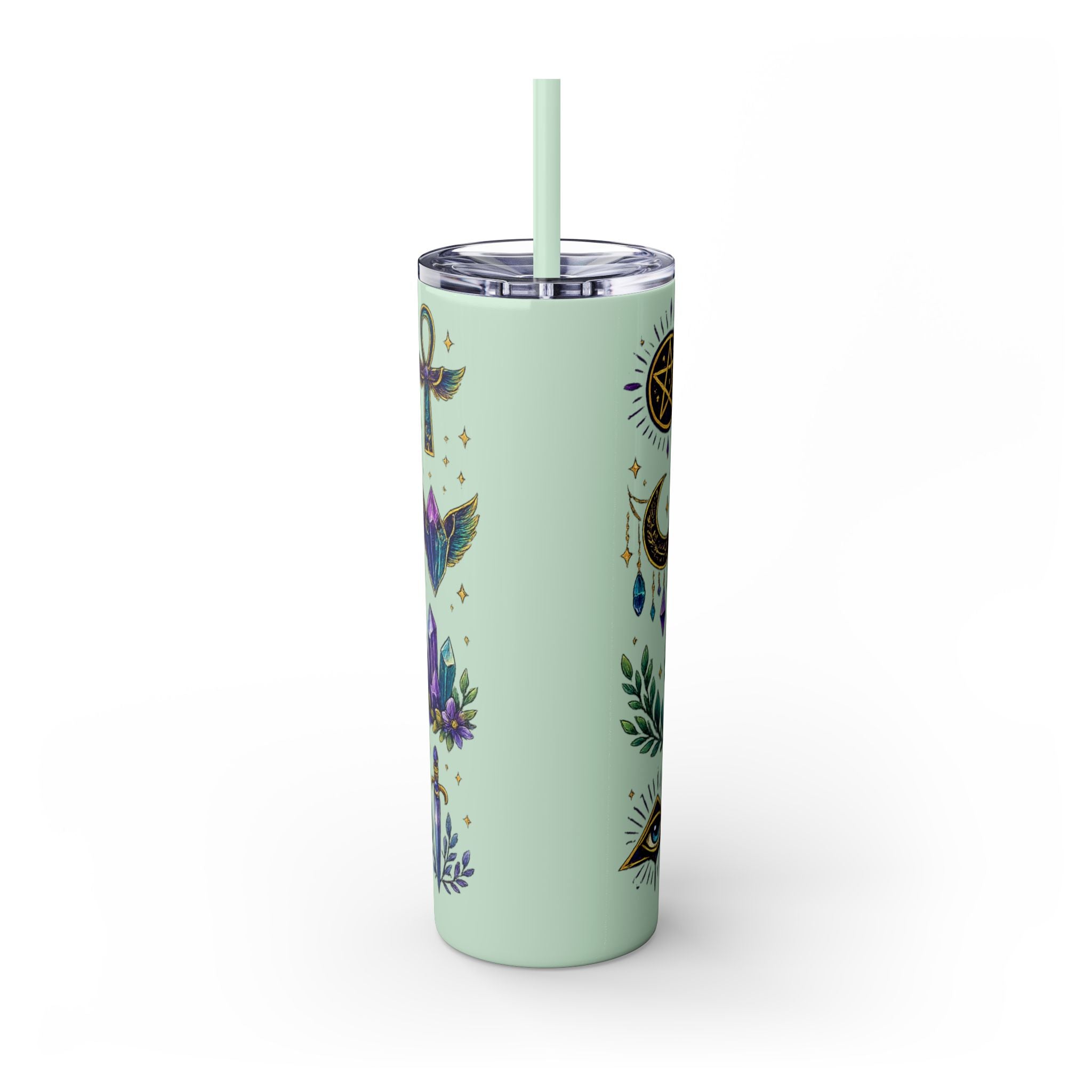 Mystic Symbols 20oz Skinny Tumbler with Straw — Hamsa, All-Seeing Eye & Moon