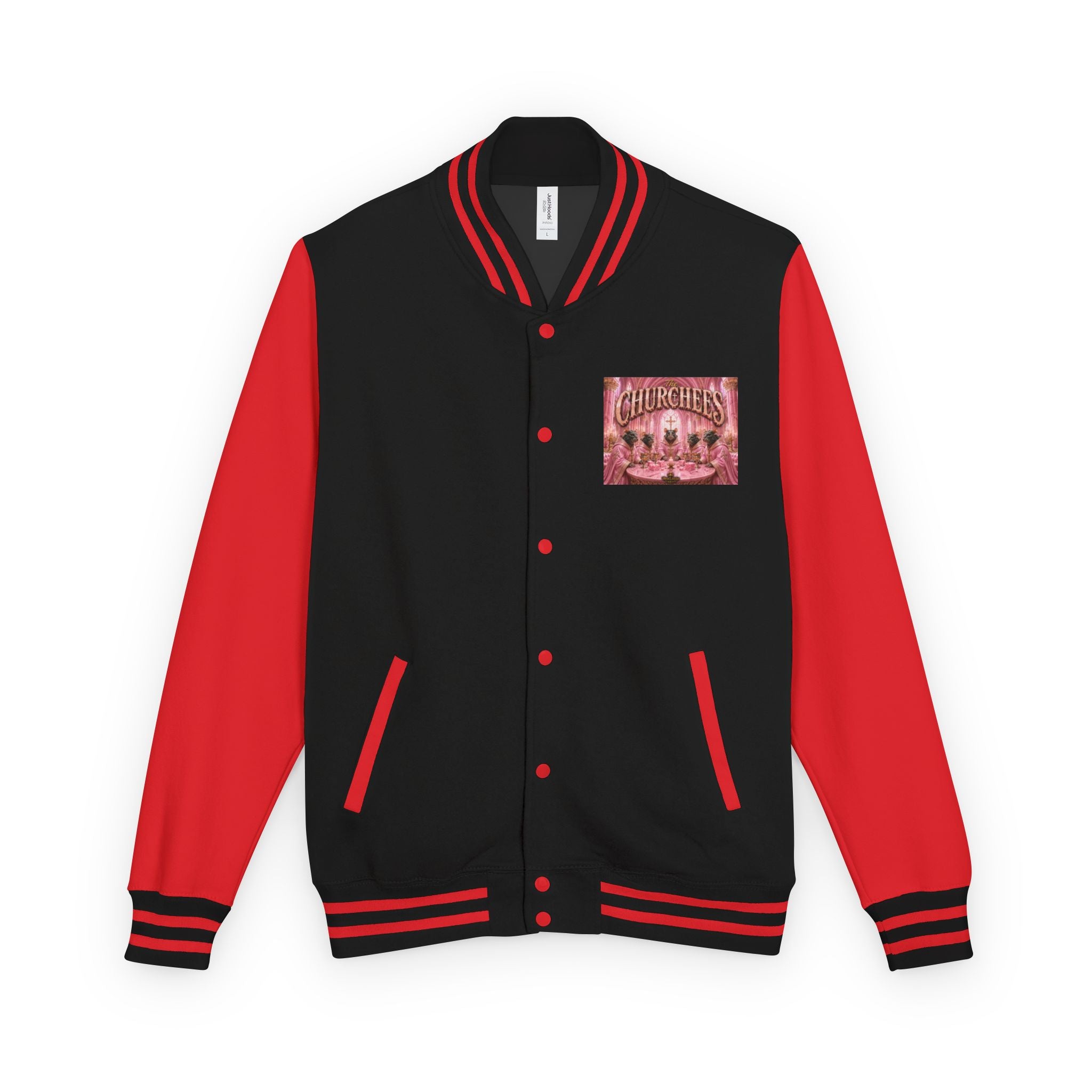 Letterman Jacket — Pink 'Churchees' Vintage Dinner Graphic