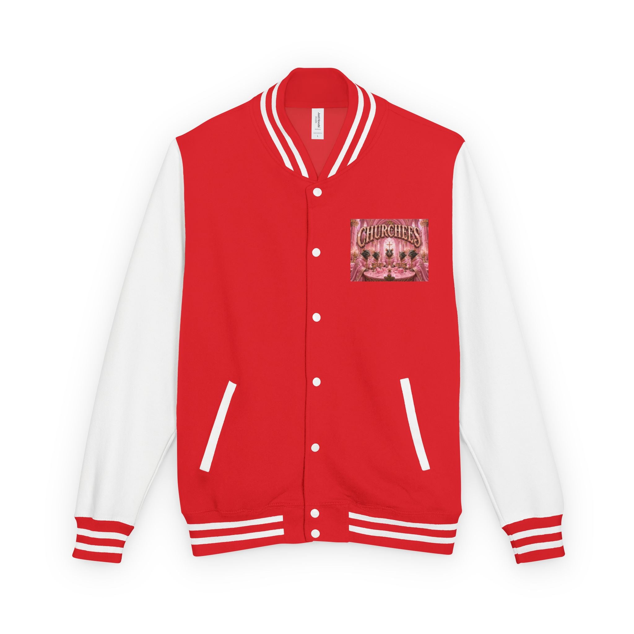 Letterman Jacket — Pink 'Churchees' Vintage Dinner Graphic