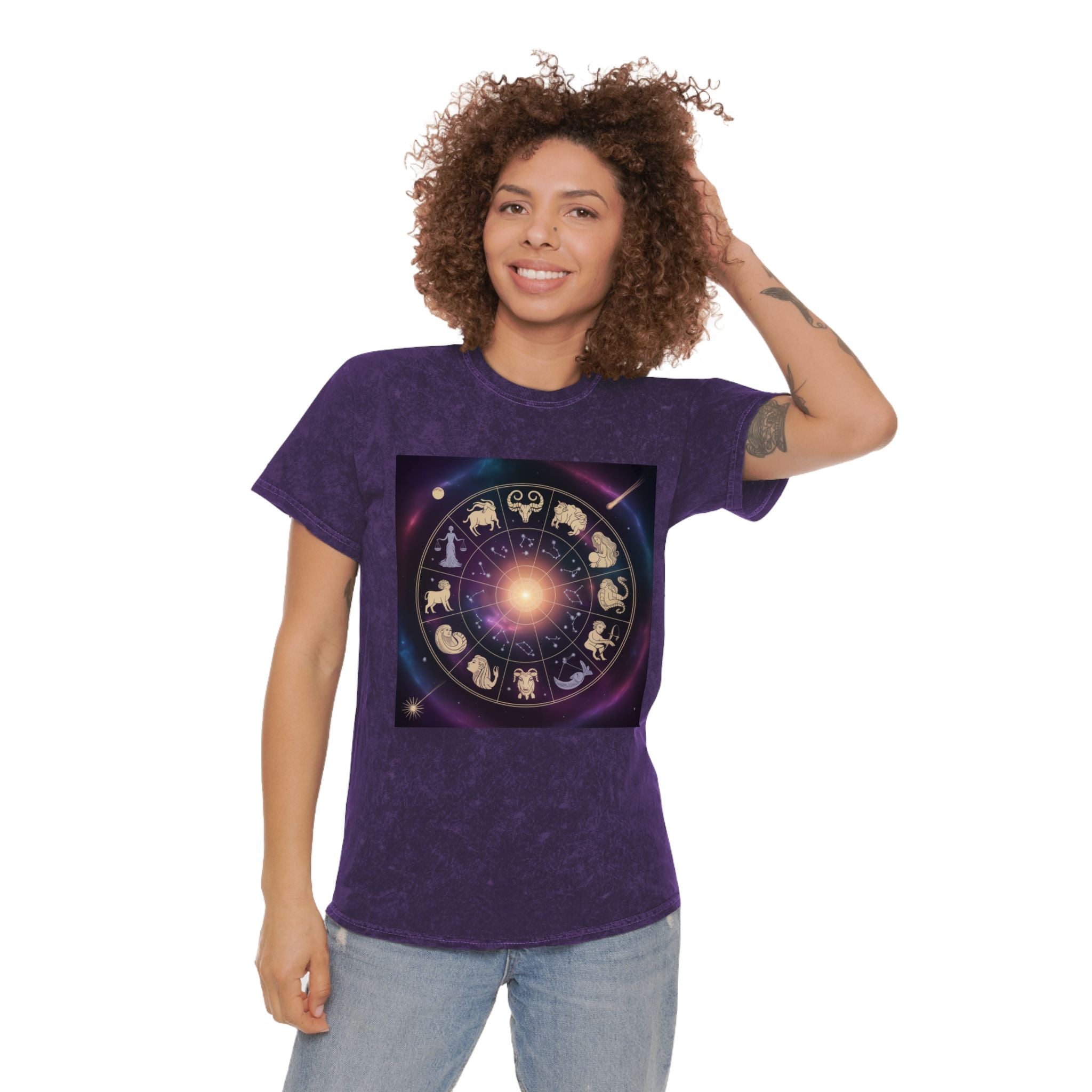 Zodiac Wheel Mineral Wash T-Shirt — Cosmic Astrology Signs Tee