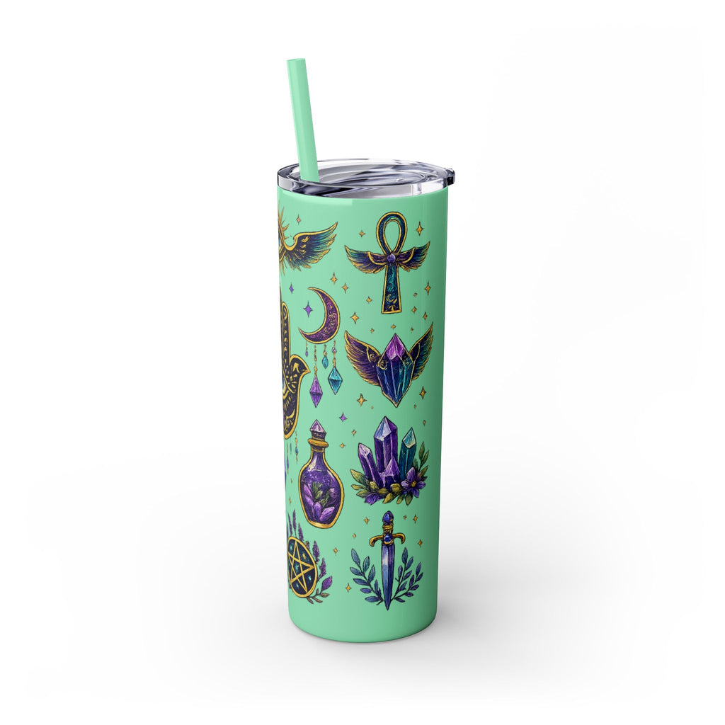 Mystic Symbols 20oz Skinny Tumbler with Straw — Hamsa, All-Seeing Eye & Moon
