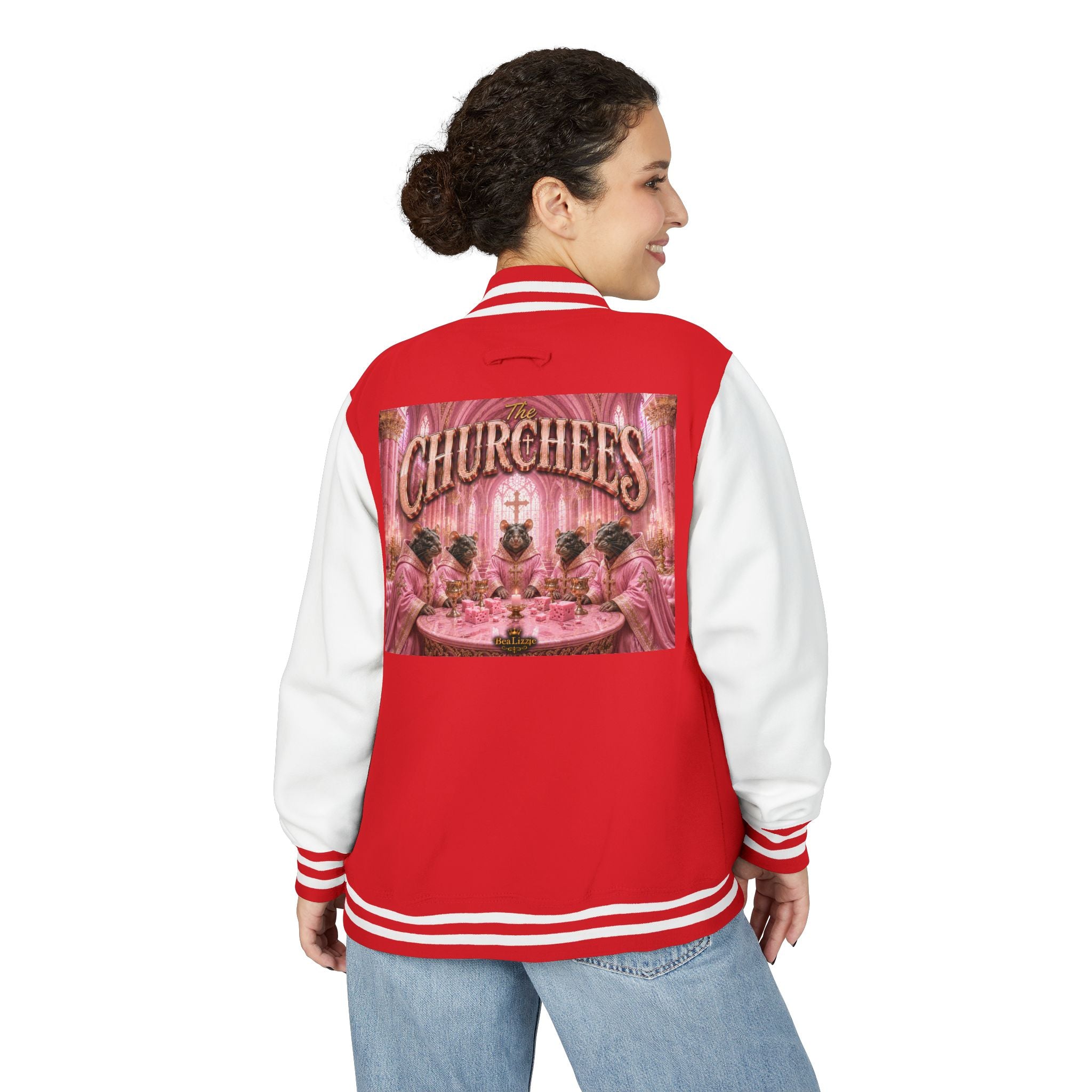 Letterman Jacket — Pink 'Churchees' Vintage Dinner Graphic