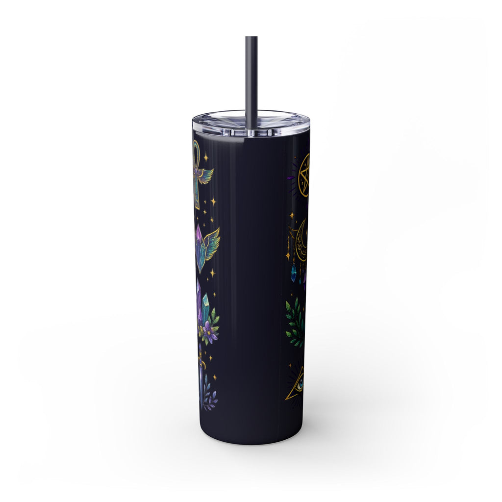 Mystic Symbols 20oz Skinny Tumbler with Straw — Hamsa, All-Seeing Eye & Moon