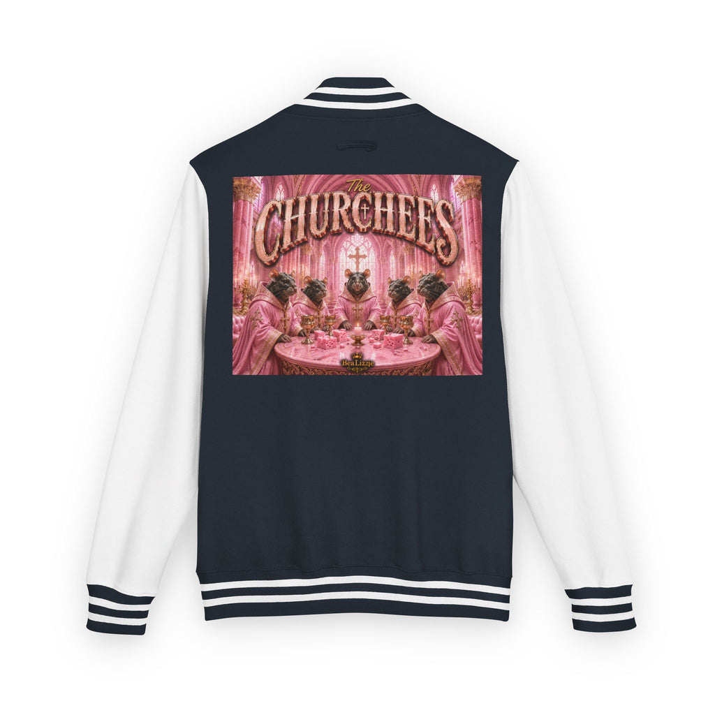 Letterman Jacket — Pink 'Churchees' Vintage Dinner Graphic