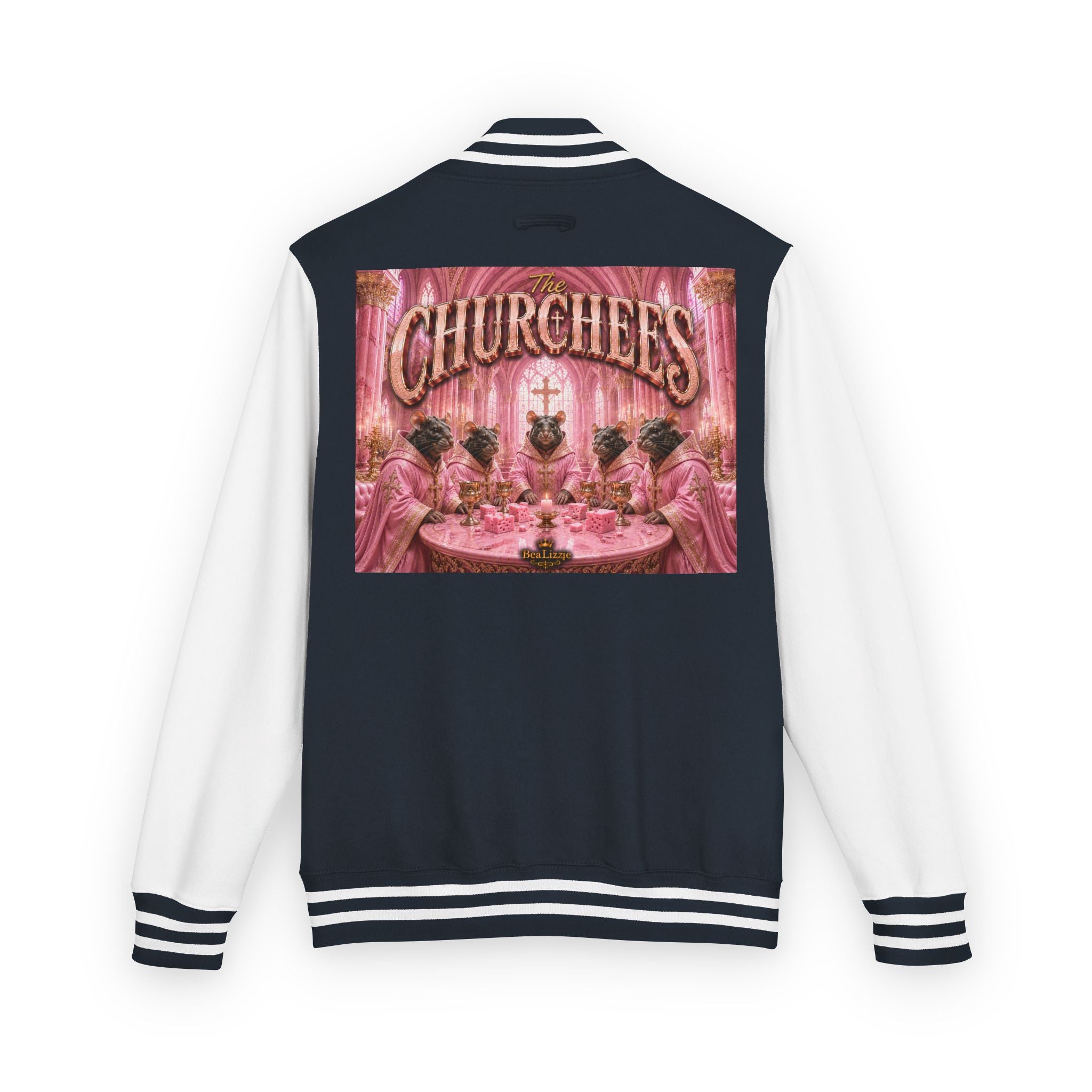 Letterman Jacket — Pink 'Churchees' Vintage Dinner Graphic