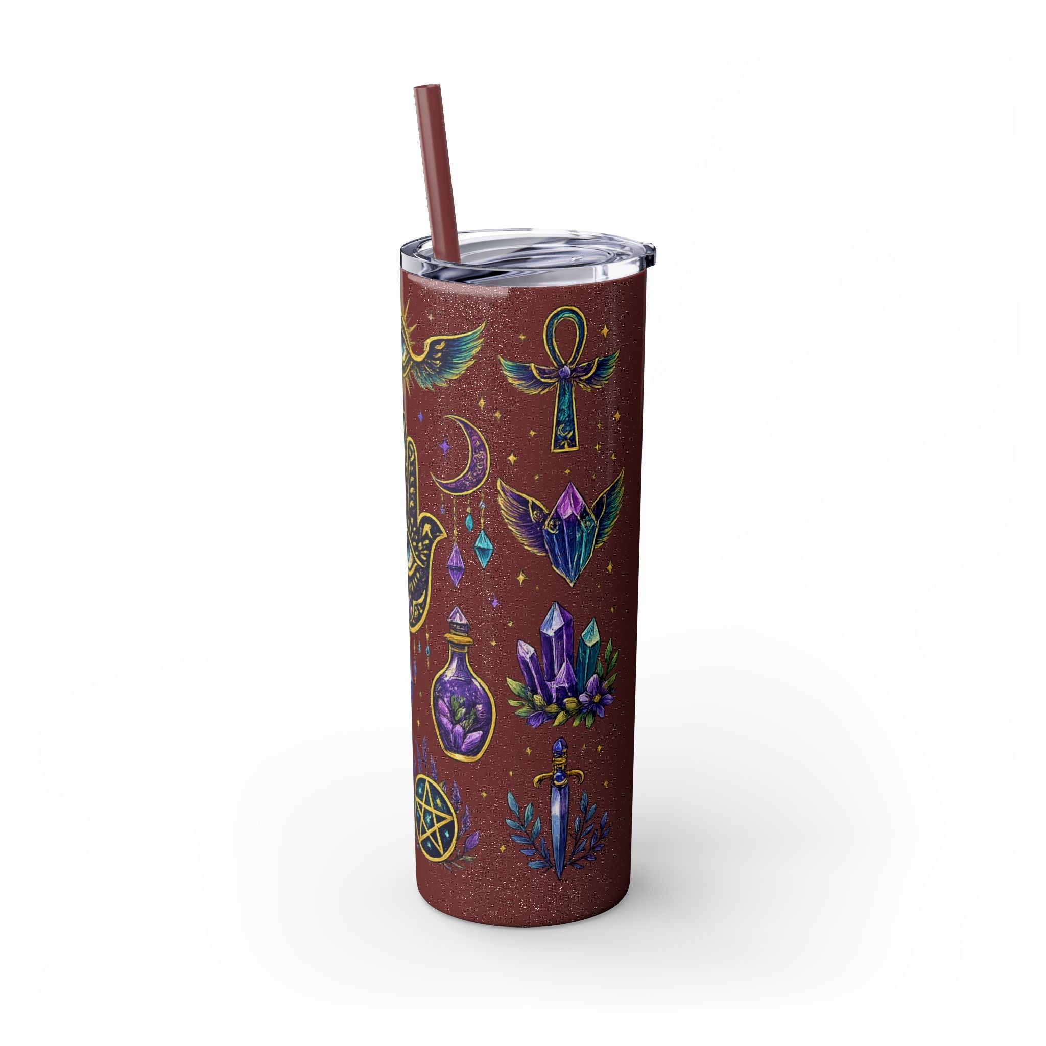 Mystic Symbols 20oz Skinny Tumbler with Straw — Hamsa, All-Seeing Eye & Moon