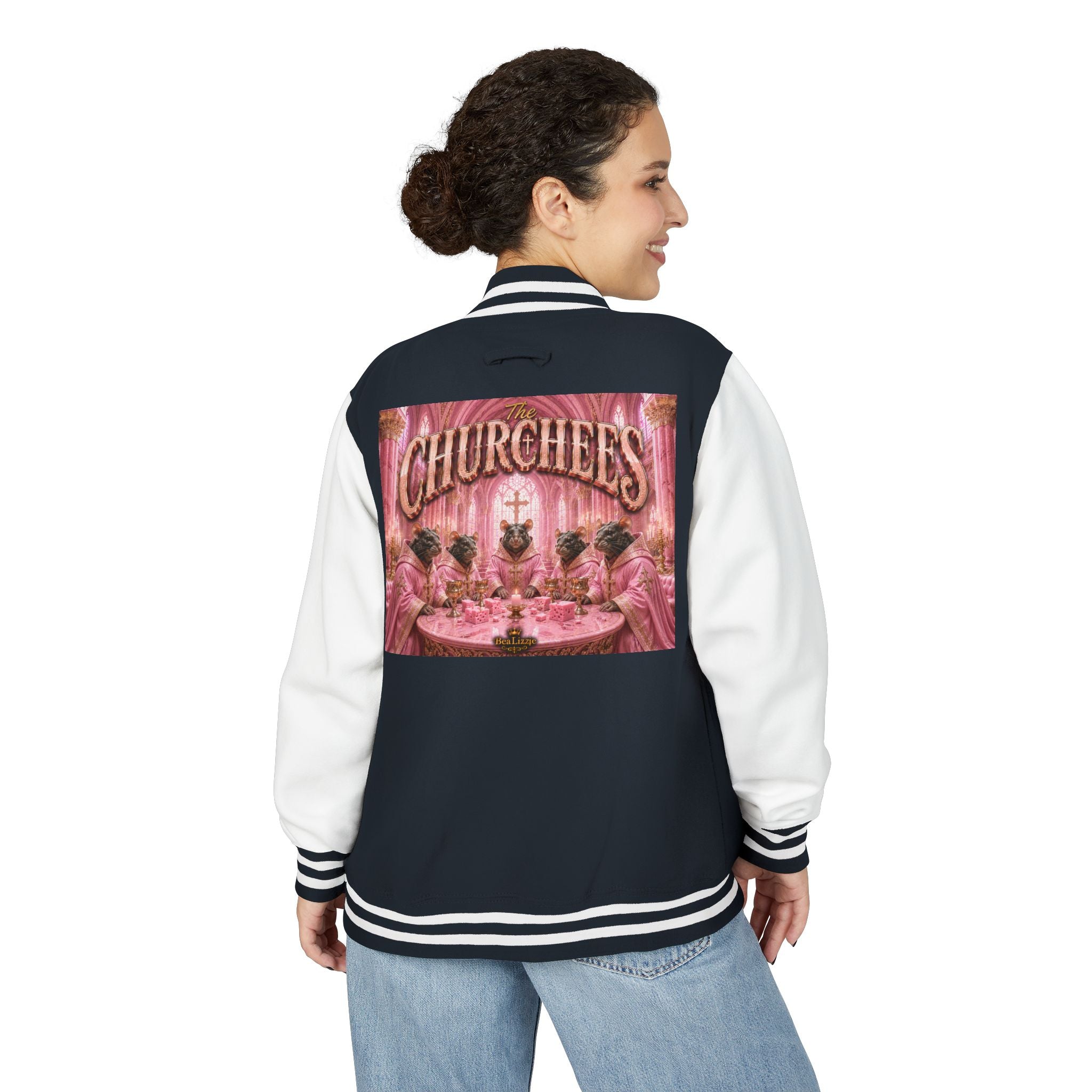 Letterman Jacket — Pink 'Churchees' Vintage Dinner Graphic