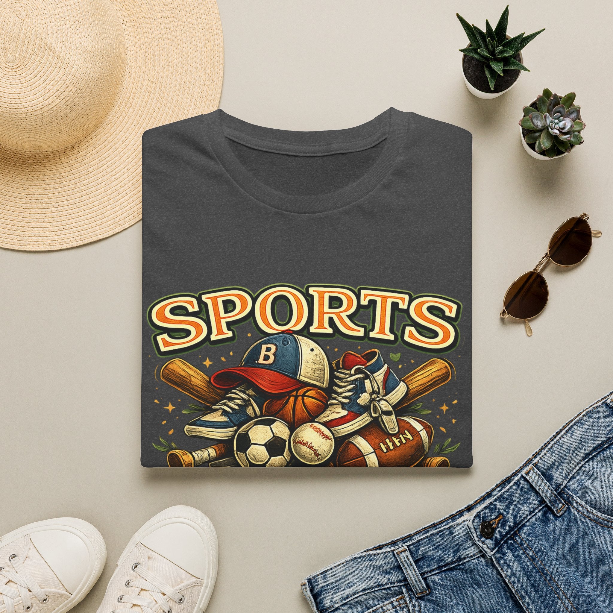 Sports Equipment Graphic T-Shirt — "Sports" Vintage Athletic Design