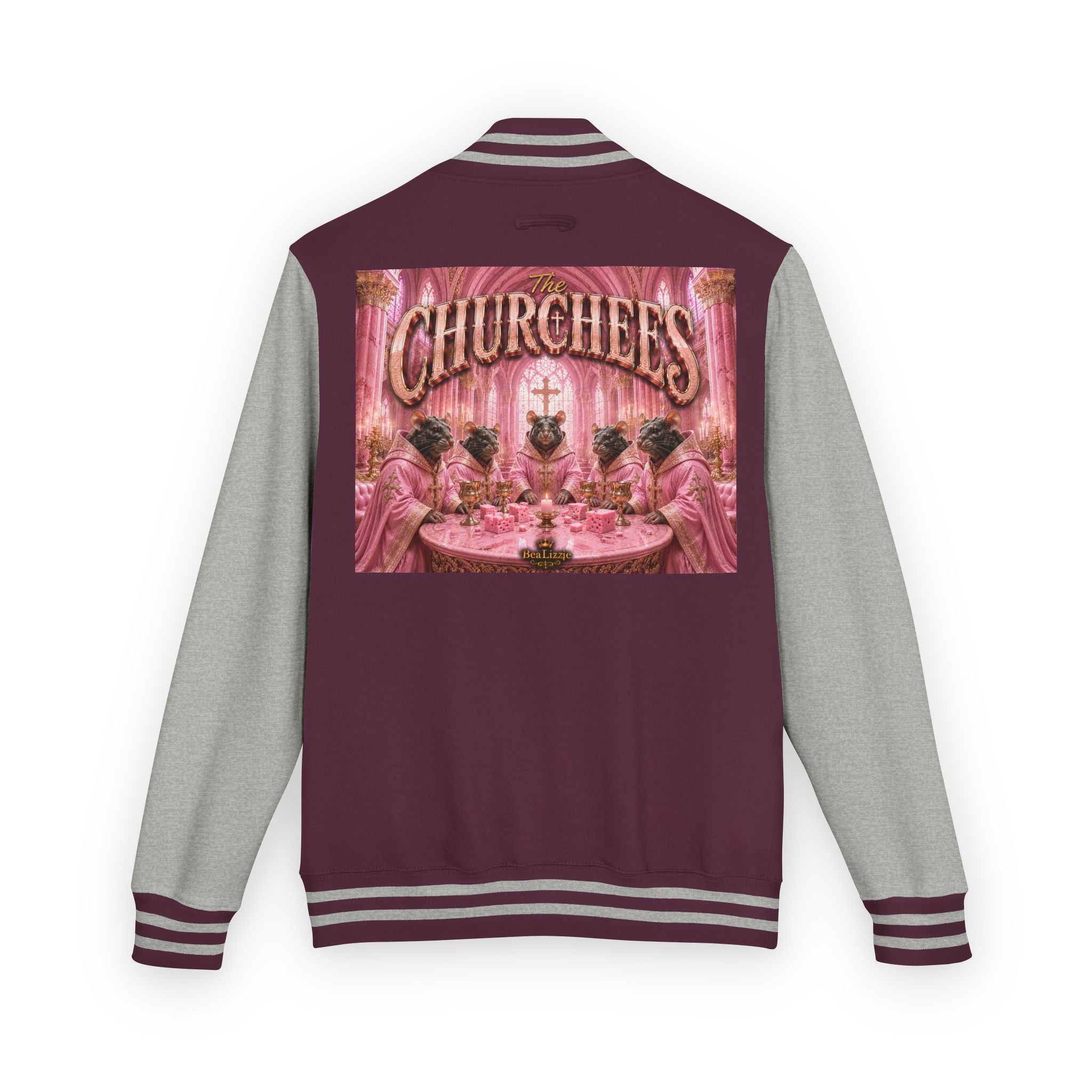 Letterman Jacket — Pink 'Churchees' Vintage Dinner Graphic
