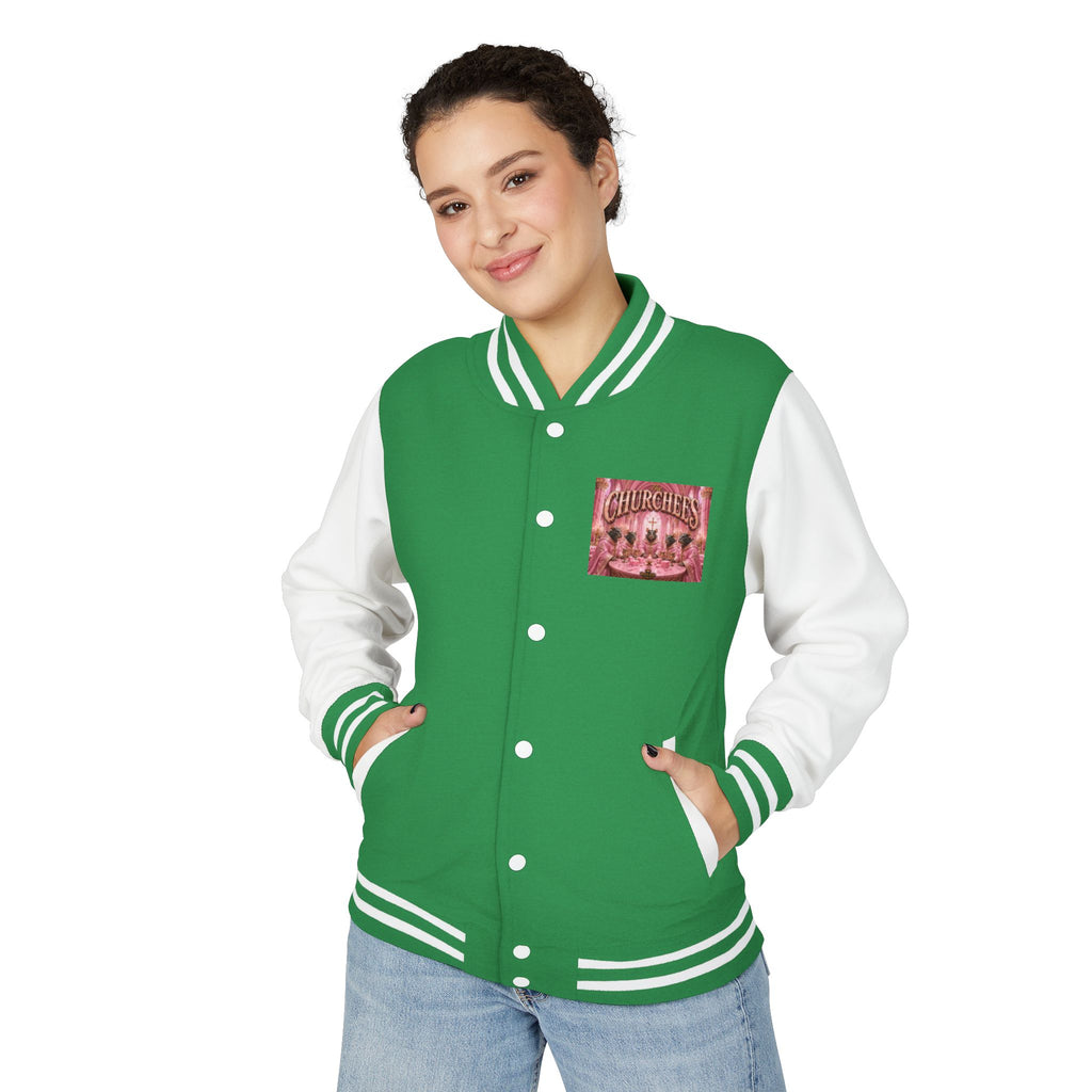 Letterman Jacket — Pink 'Churchees' Vintage Dinner Graphic