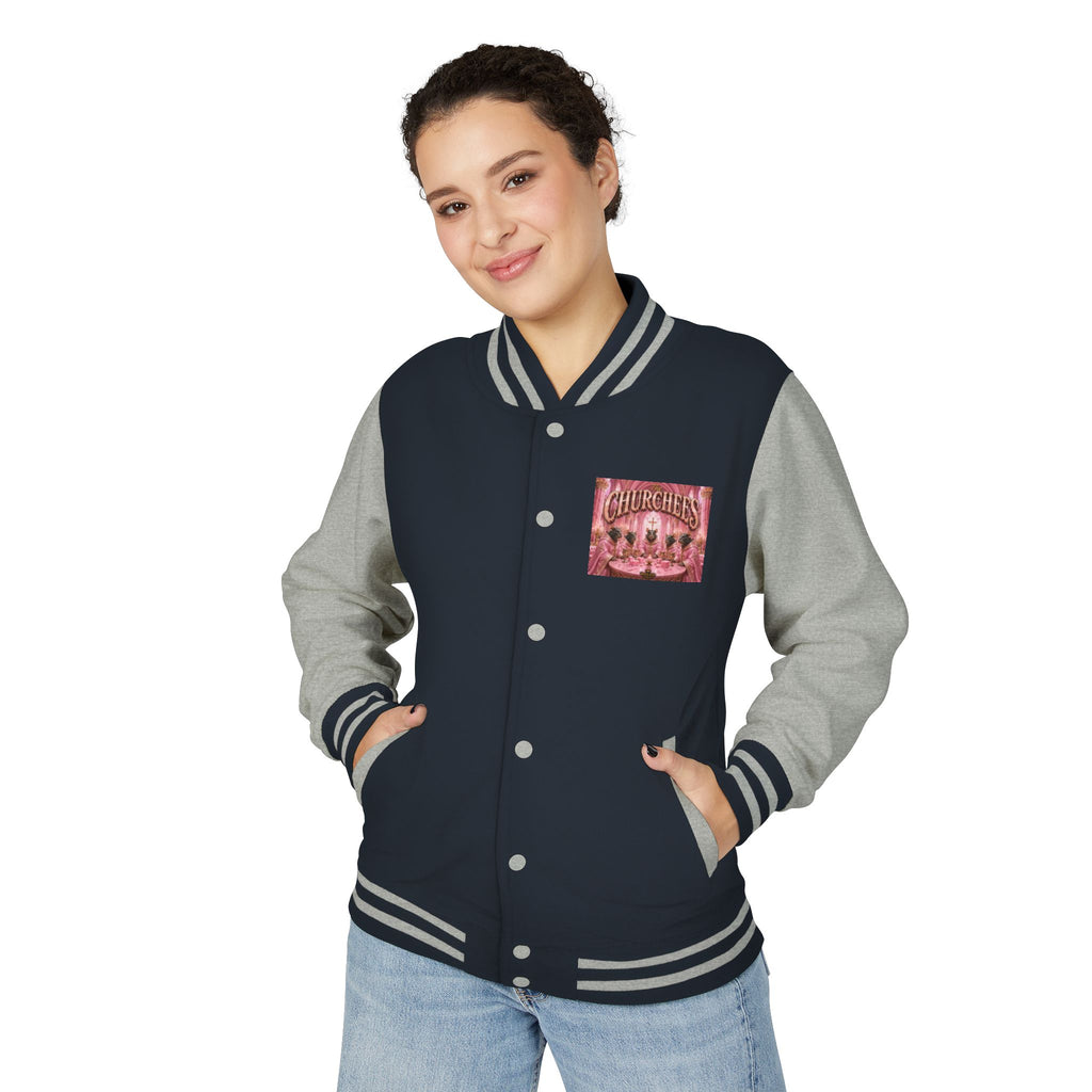 Letterman Jacket — Pink 'Churchees' Vintage Dinner Graphic