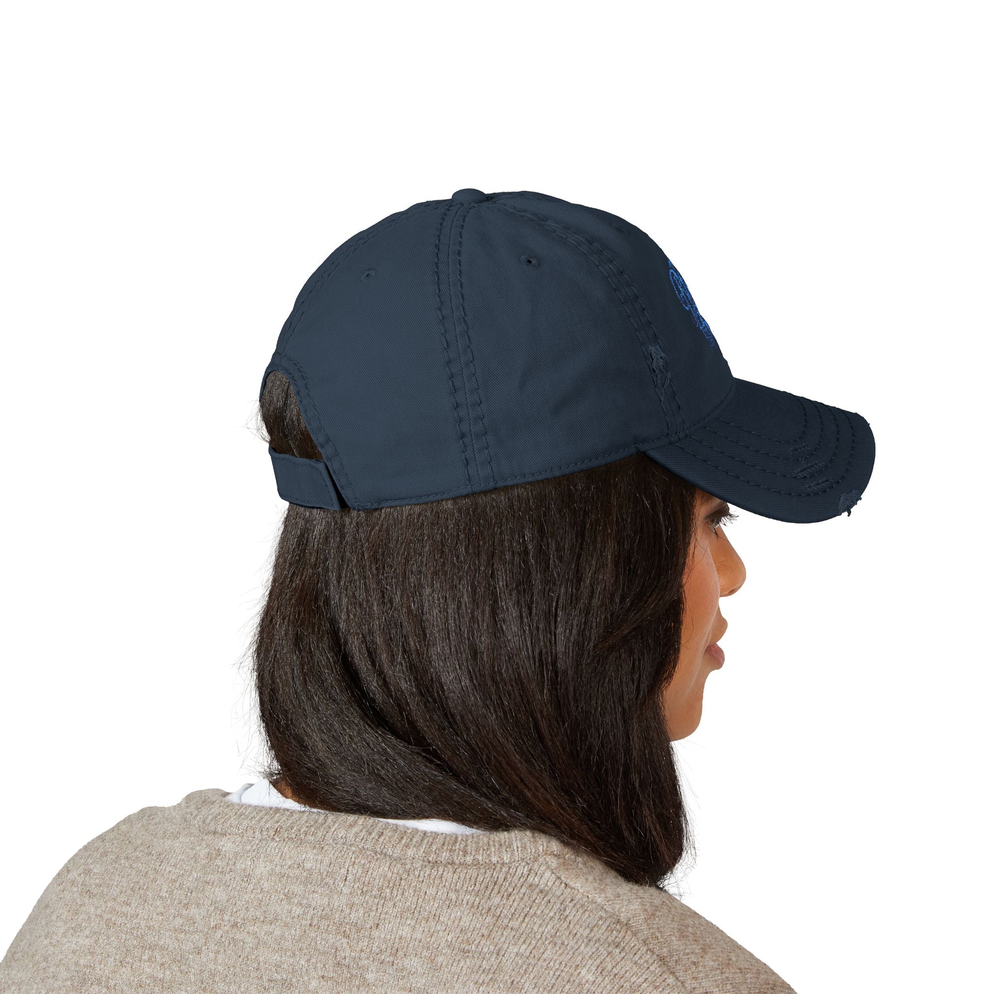 Distressed Embroidered Dad Hat — Blue Waves Script Cap