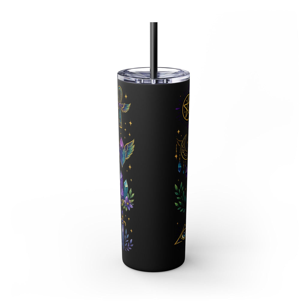 Mystic Symbols 20oz Skinny Tumbler with Straw — Hamsa, All-Seeing Eye & Moon