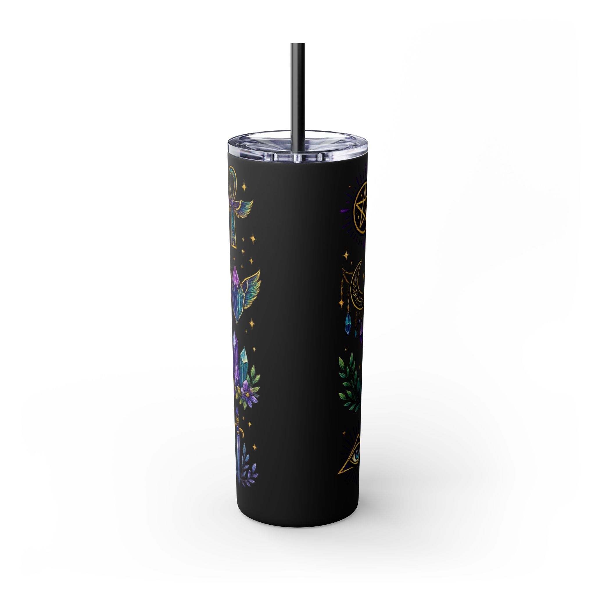 Mystic Symbols 20oz Skinny Tumbler with Straw — Hamsa, All-Seeing Eye & Moon