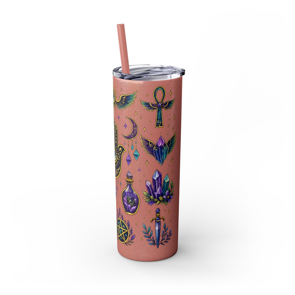 Mystic Symbols 20oz Skinny Tumbler with Straw — Hamsa, All-Seeing Eye & Moon