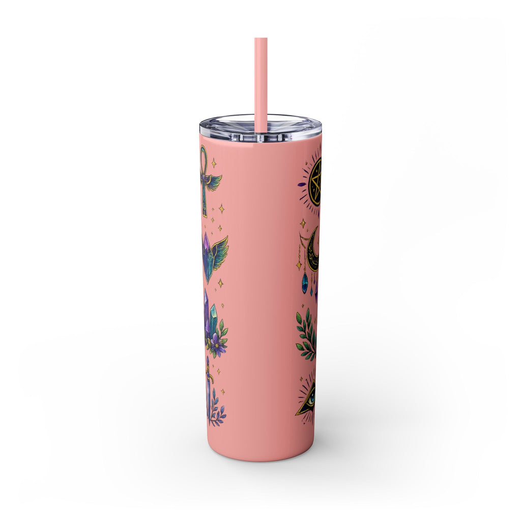 Mystic Symbols 20oz Skinny Tumbler with Straw — Hamsa, All-Seeing Eye & Moon
