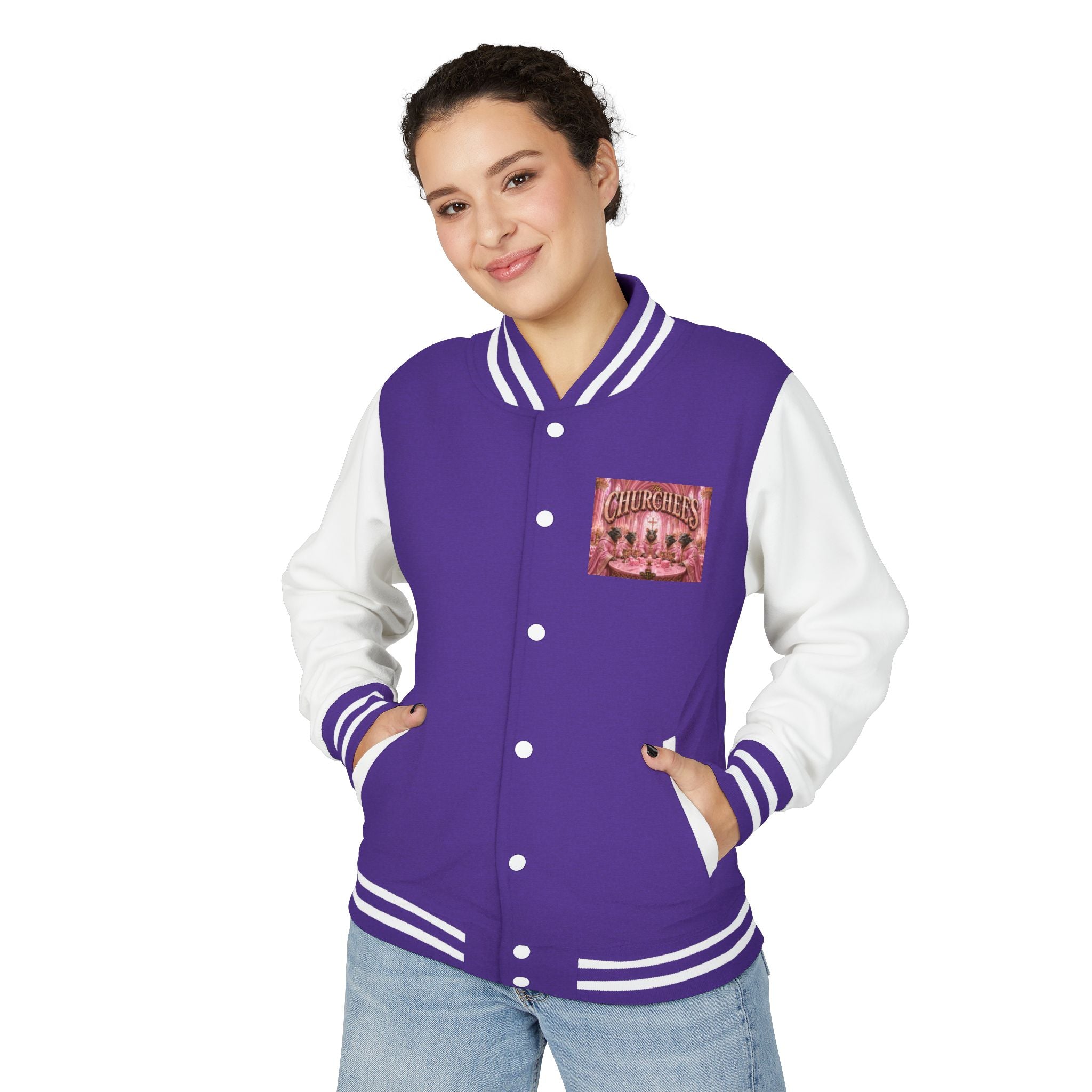 Letterman Jacket — Pink 'Churchees' Vintage Dinner Graphic
