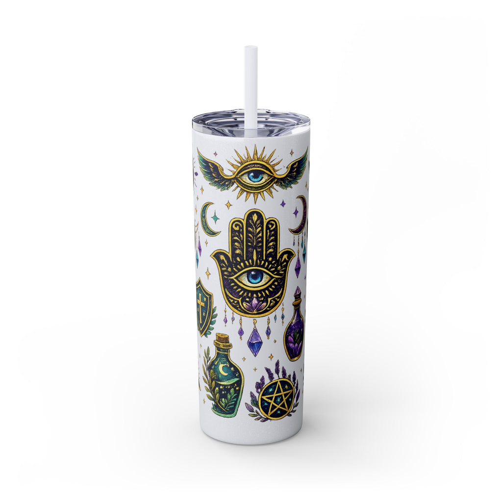Mystic Symbols 20oz Skinny Tumbler with Straw — Hamsa, All-Seeing Eye & Moon