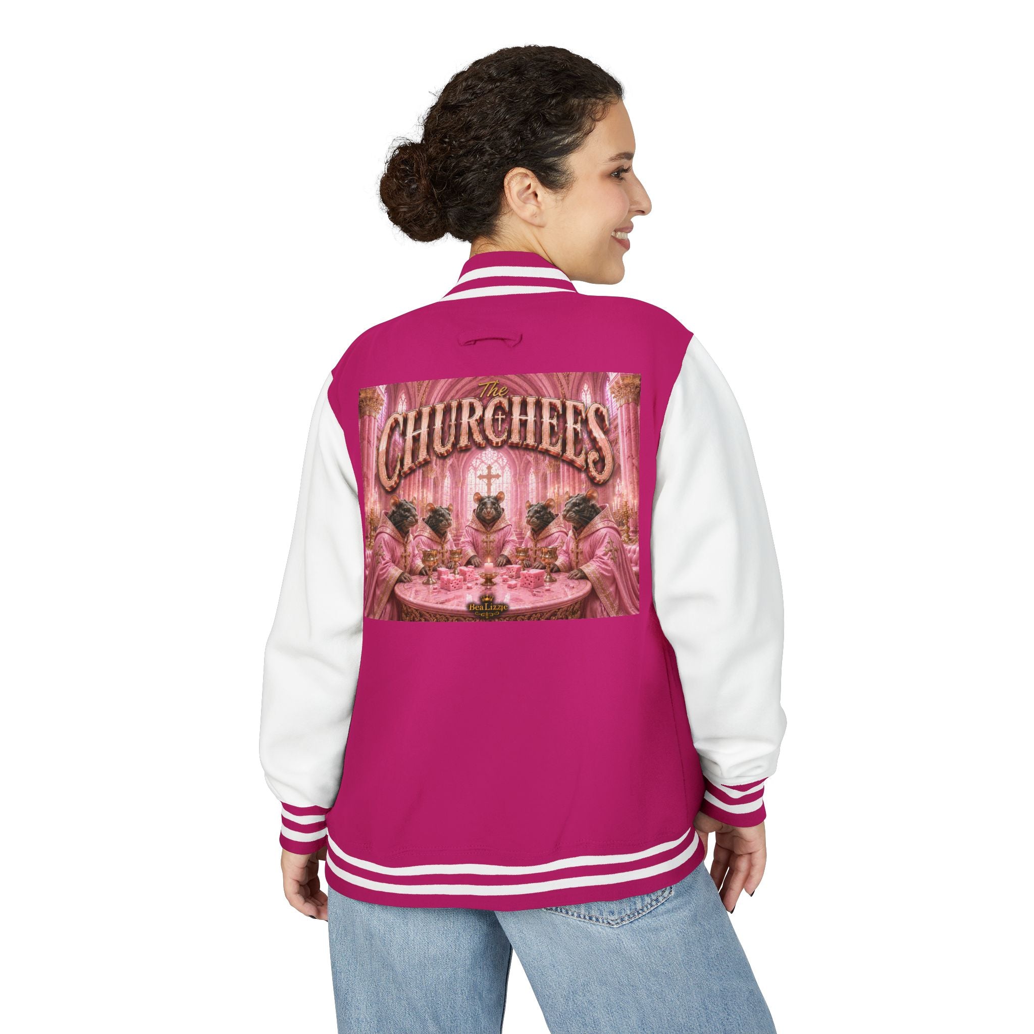 Letterman Jacket — Pink 'Churchees' Vintage Dinner Graphic