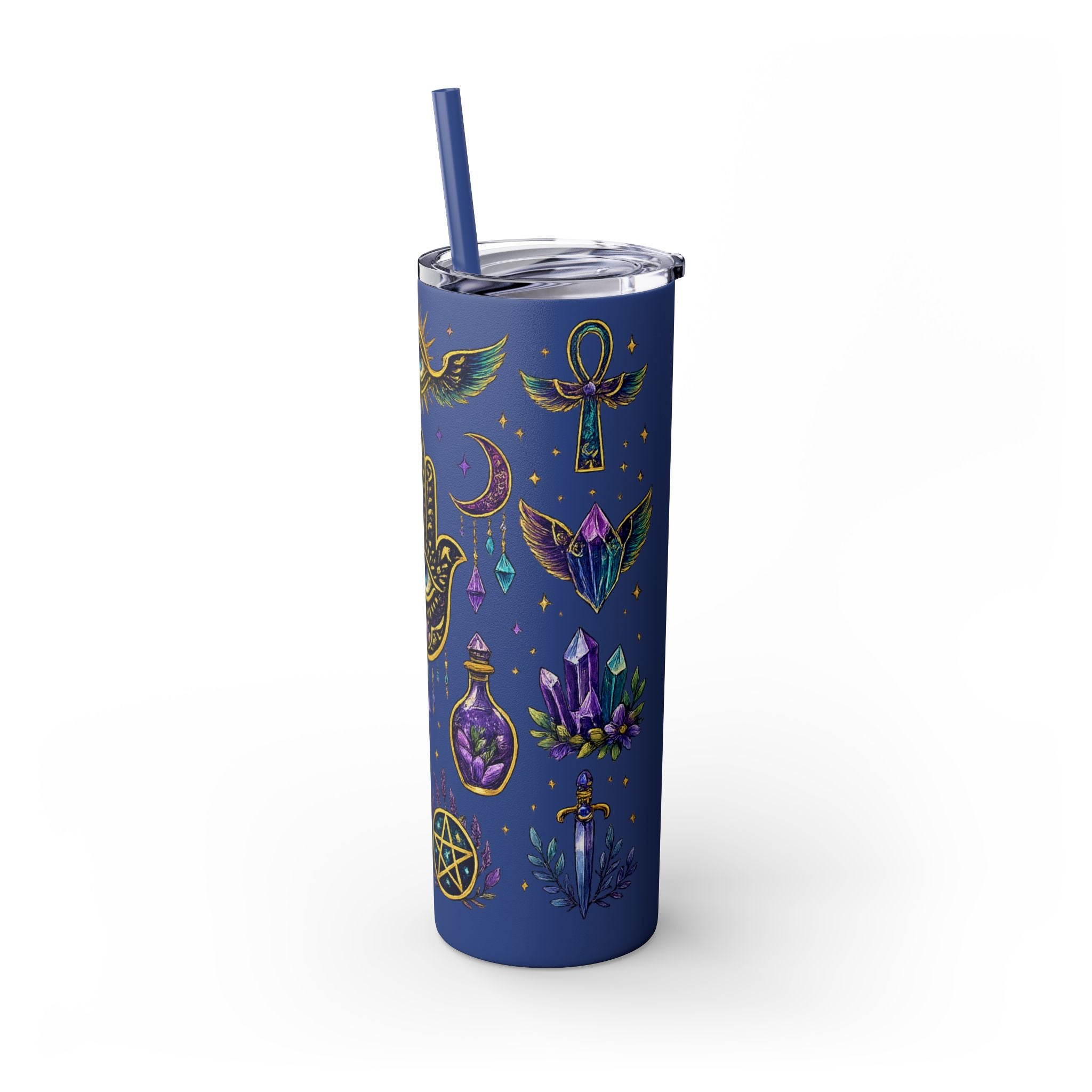 Mystic Symbols 20oz Skinny Tumbler with Straw — Hamsa, All-Seeing Eye & Moon