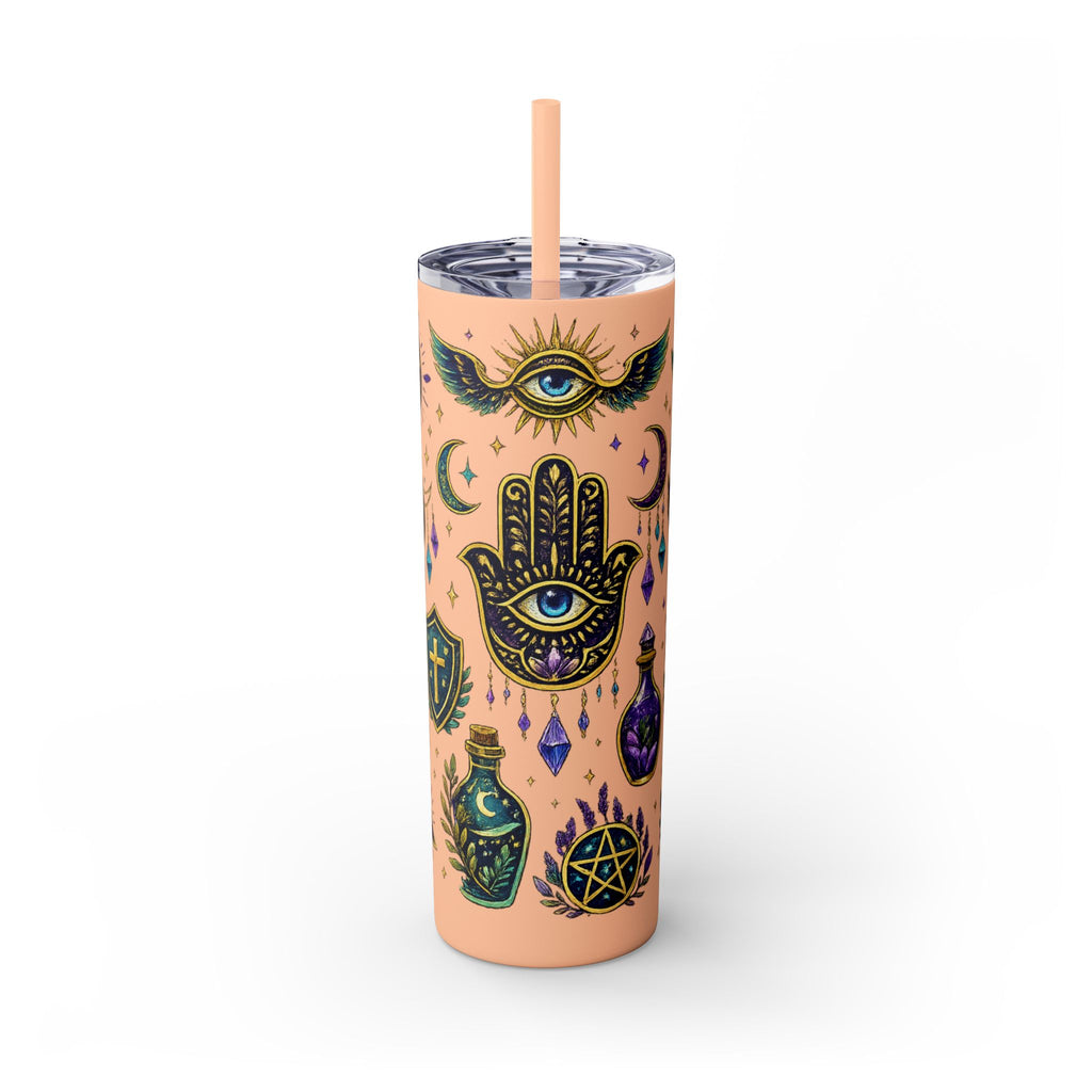 Mystic Symbols 20oz Skinny Tumbler with Straw — Hamsa, All-Seeing Eye & Moon