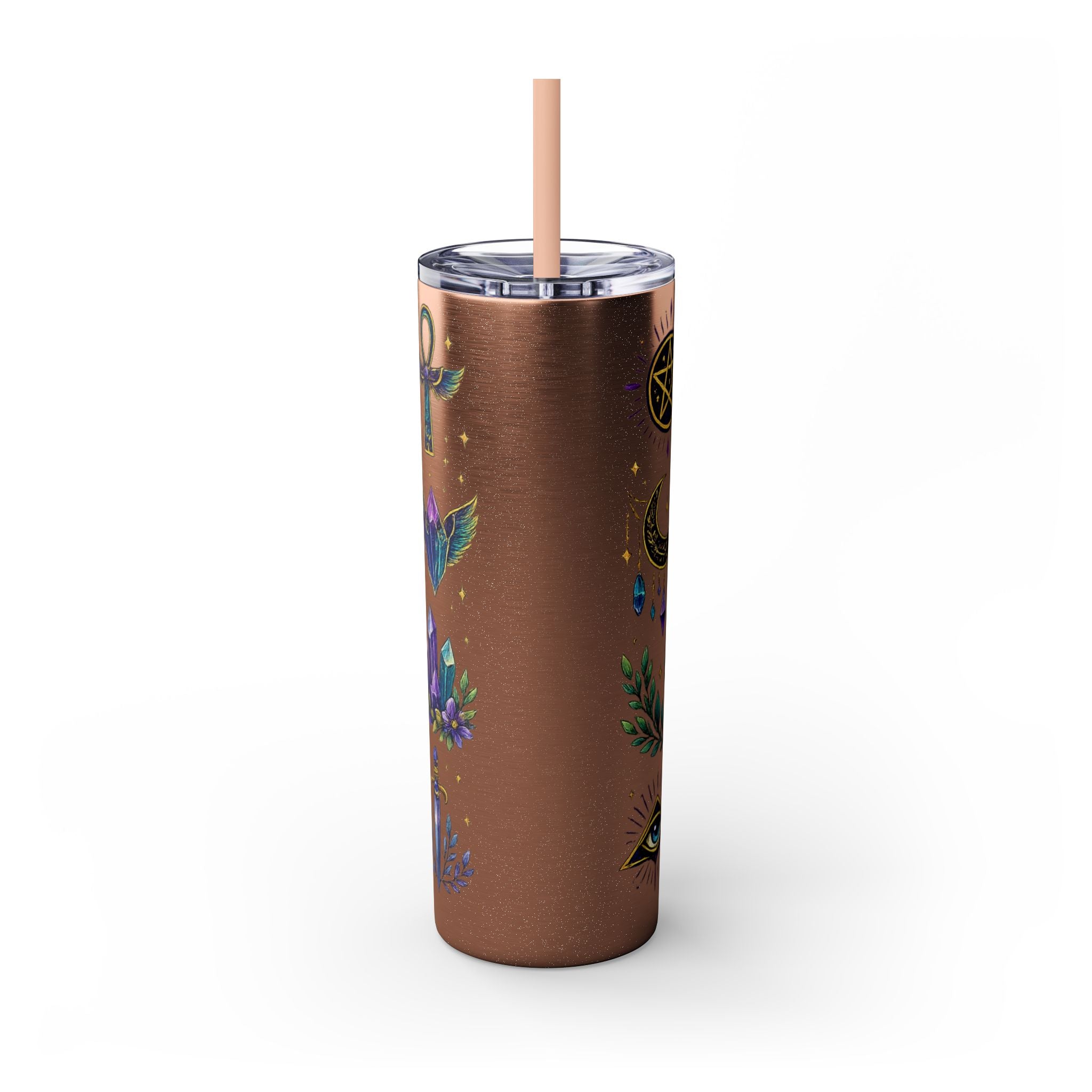 Mystic Symbols 20oz Skinny Tumbler with Straw — Hamsa, All-Seeing Eye & Moon