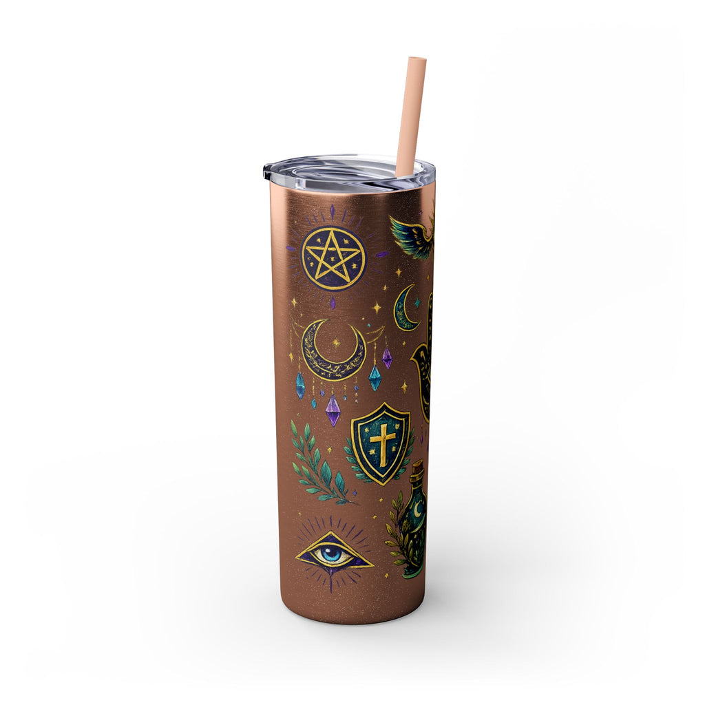 Mystic Symbols 20oz Skinny Tumbler with Straw — Hamsa, All-Seeing Eye & Moon