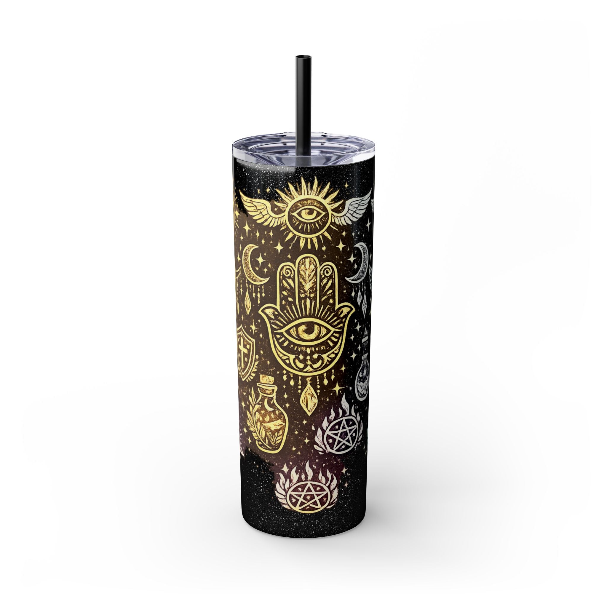 20oz Skinny Tumbler — Gold Mystic Hamsa & Celestial Eye Tumbler with Straw