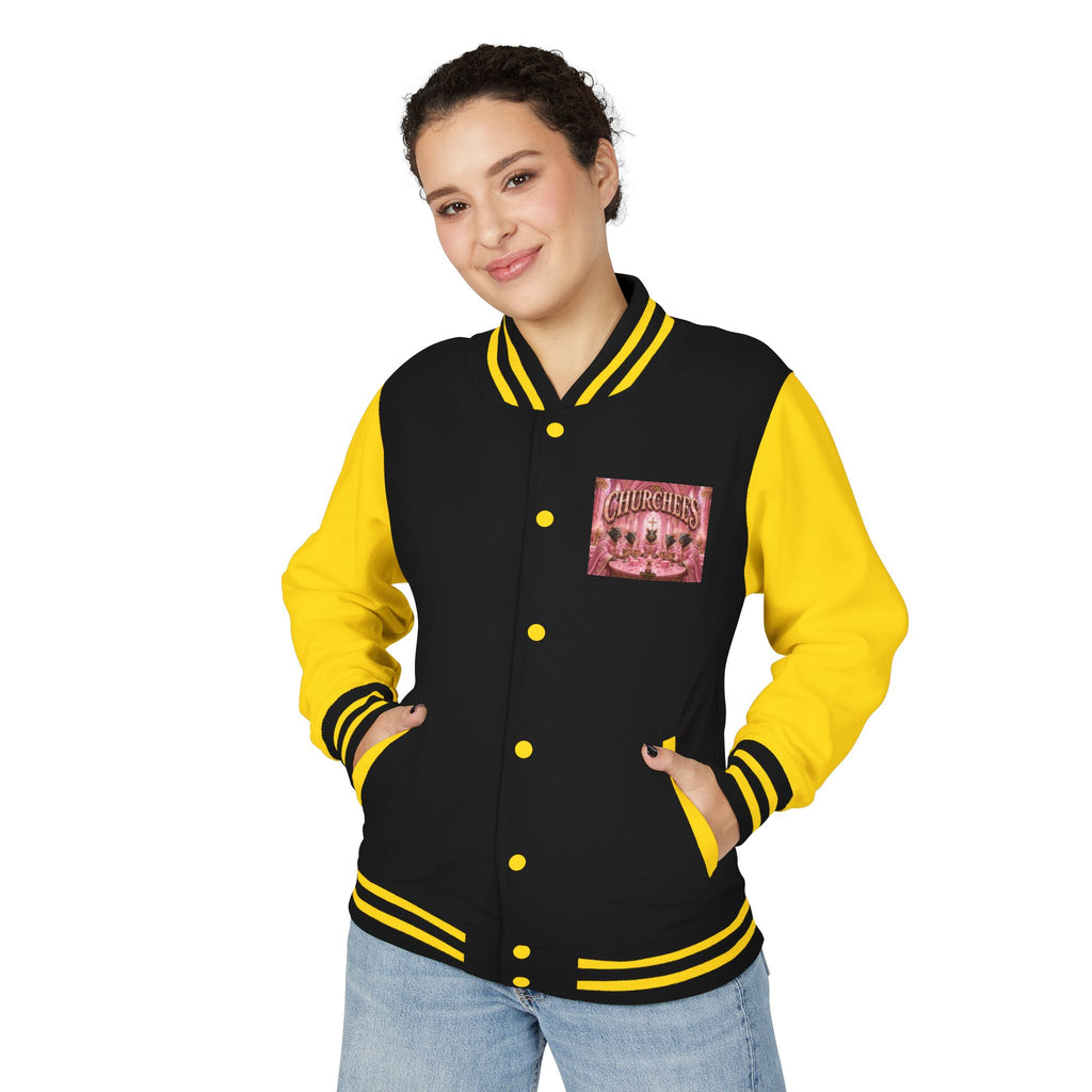Letterman Jacket — Pink 'Churchees' Vintage Dinner Graphic