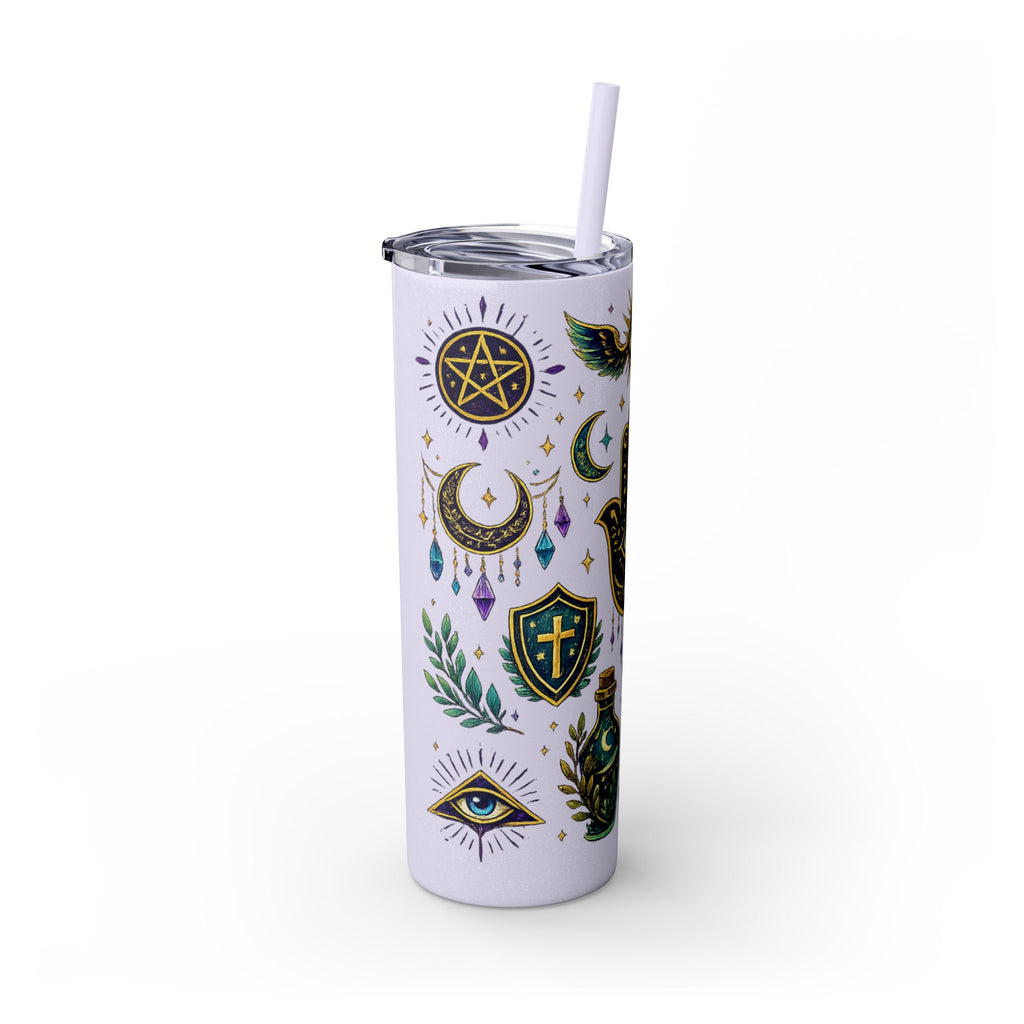 Mystic Symbols 20oz Skinny Tumbler with Straw — Hamsa, All-Seeing Eye & Moon